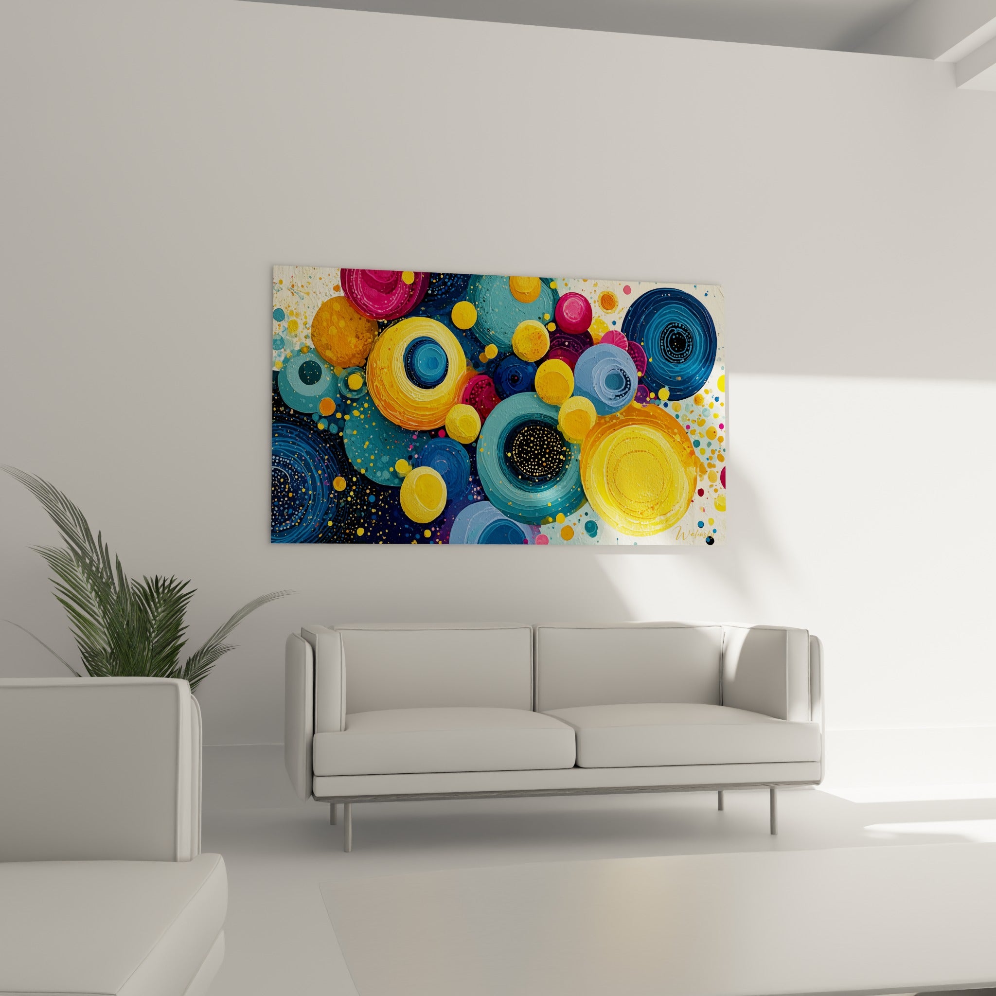 Composition circulaire turquoise et fuchsia, tableau géométrique abstrait au-dessus d'un canapé dans un salon lumineux