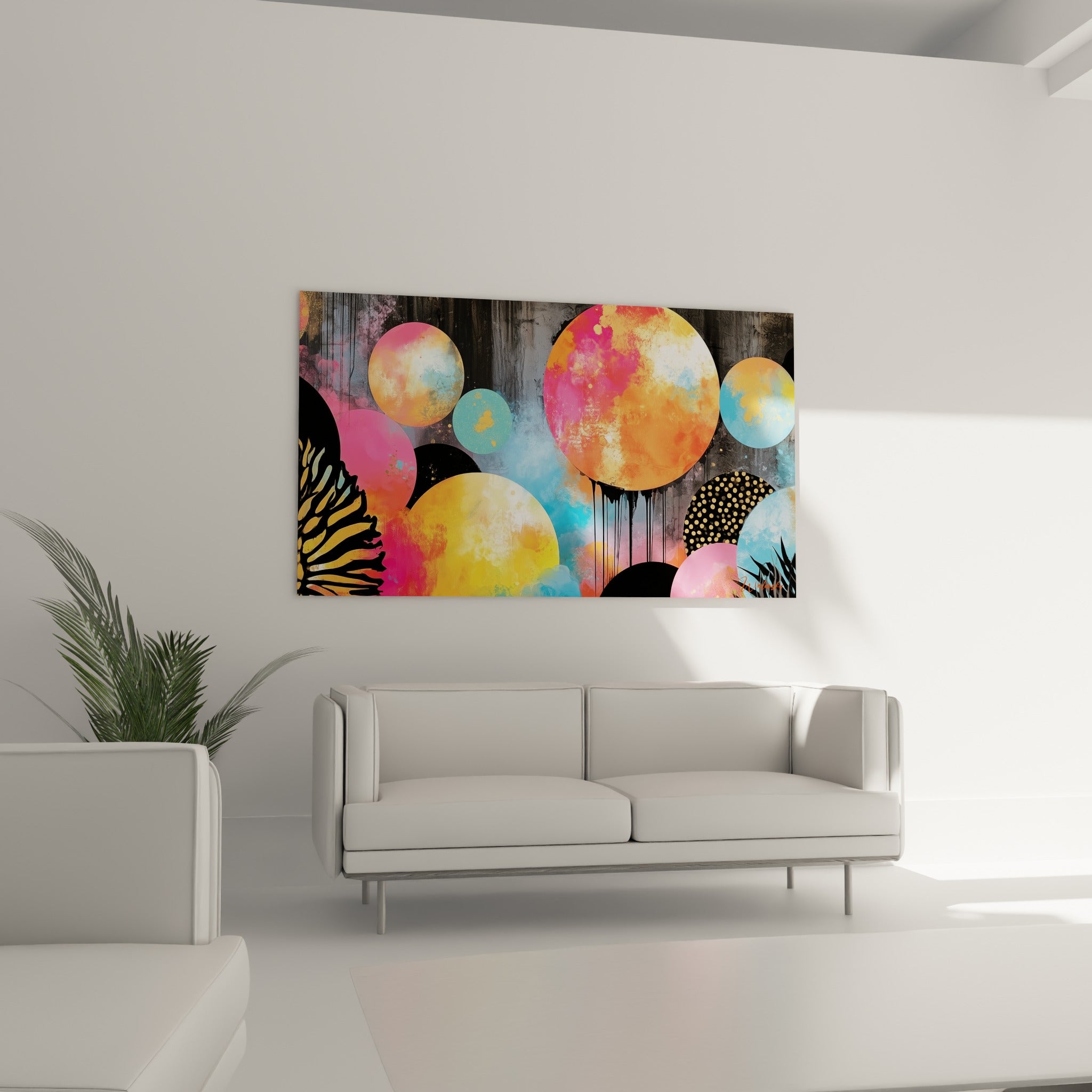 Cercles roses et orangés superposés dans un tableau géométrique abstrait au-dessus d'un canapé dans un salon lumineux