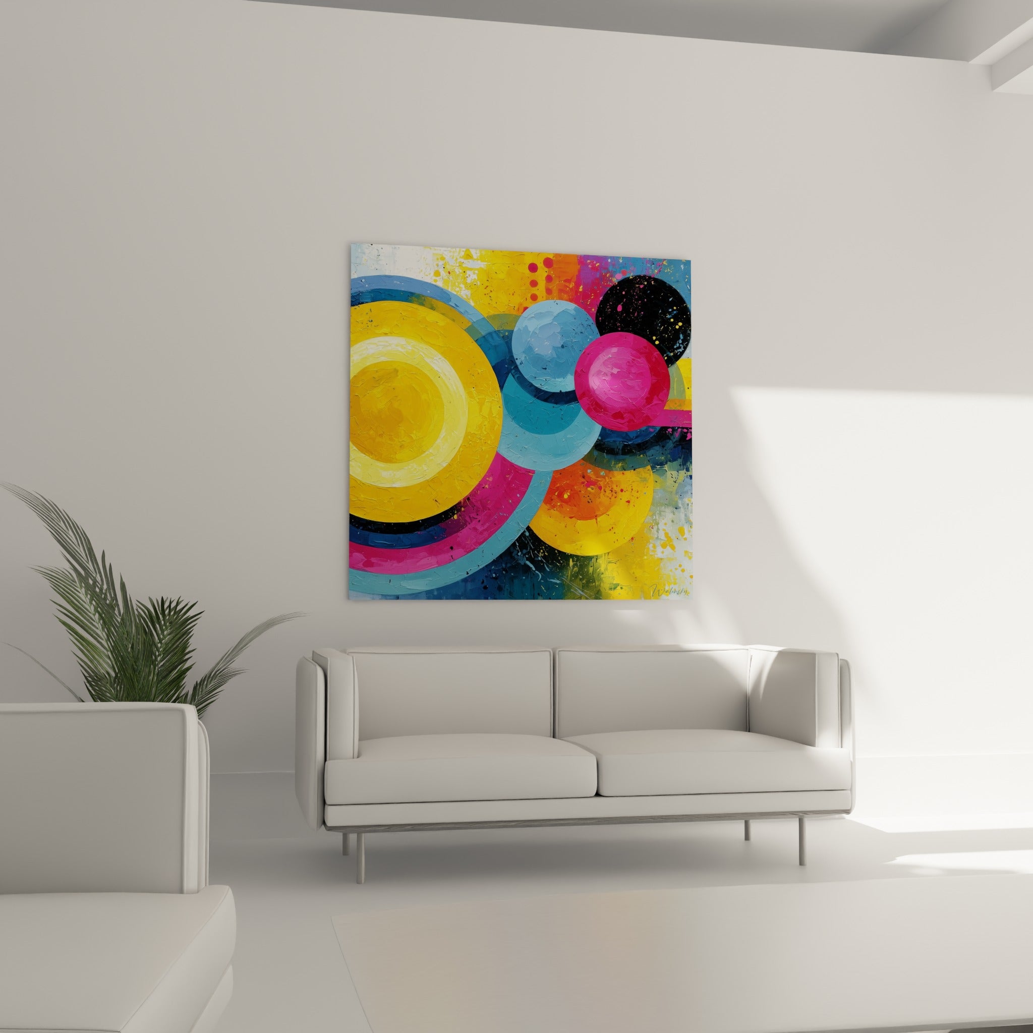 Formes rondes roses et noires du tableau géométrique abstrait au-dessus d'un canapé dans un salon lumineux