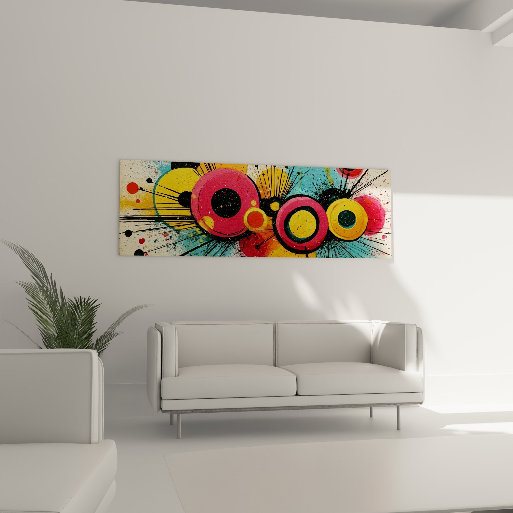 Disques turquoise et rose vif de ce tableau géometrique abstrait au-dessus d'un canapé dans un salon lumineux