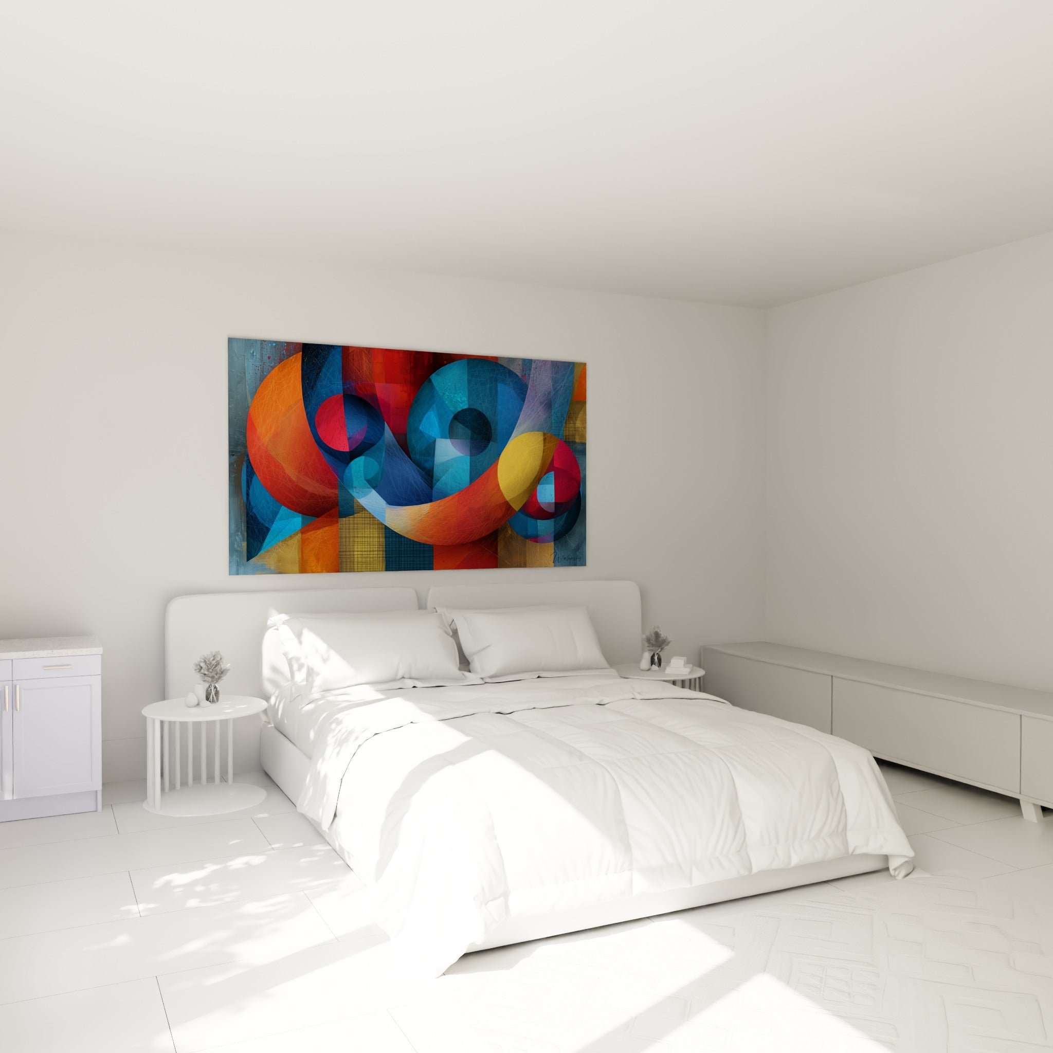 Formes circulaires géométriques abstraites bleu et orange accrochées au-dessus d'un lit dans une chambre claire