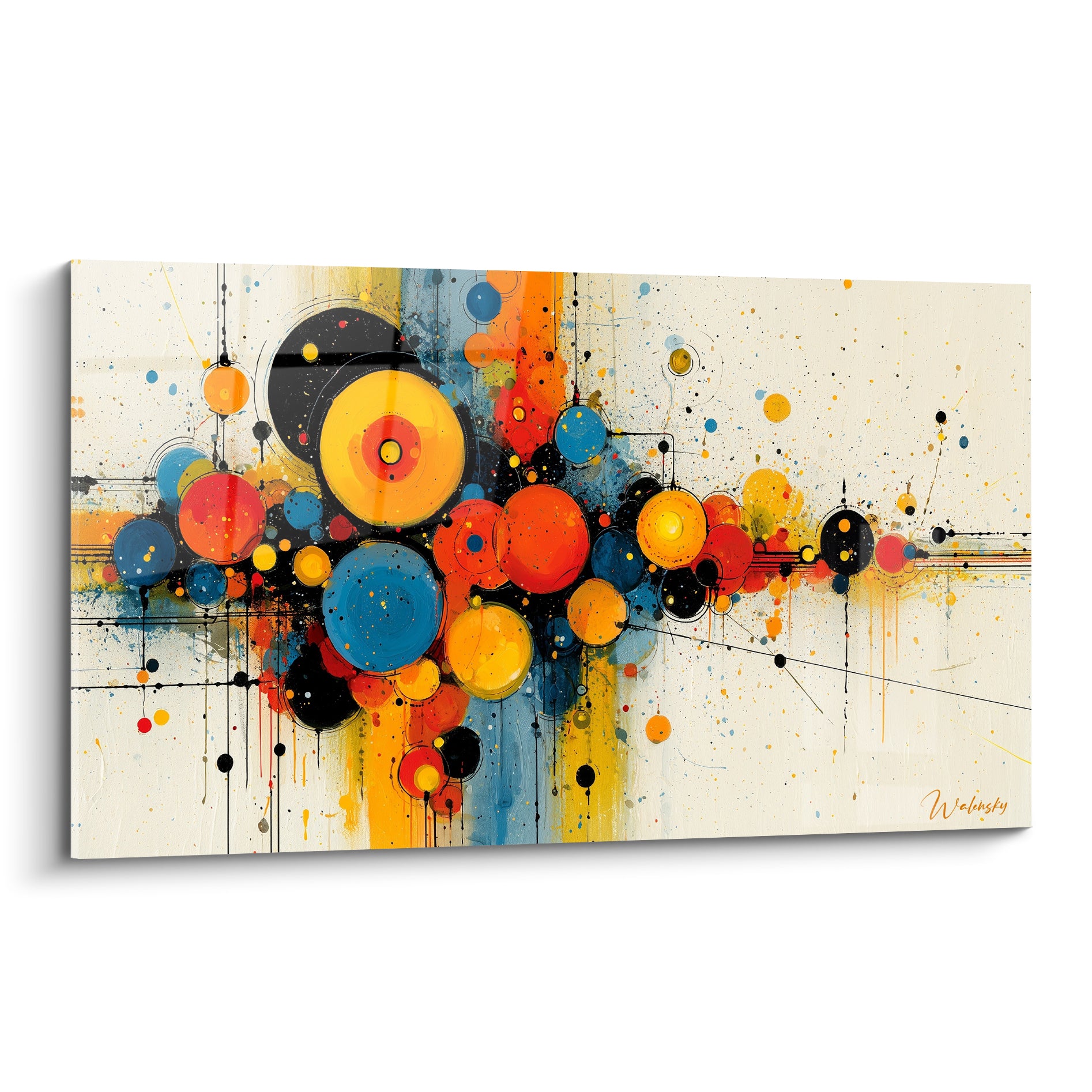 Cercles jaune, bleu marine et orange éclaboussés composent ce tableau géométrique abstrait sur fond ivoire.