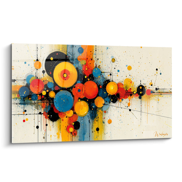 Tableau Cercles colorés jaune et bleu éclaboussés - Éclat en suspension - Edition géometrique abstrait