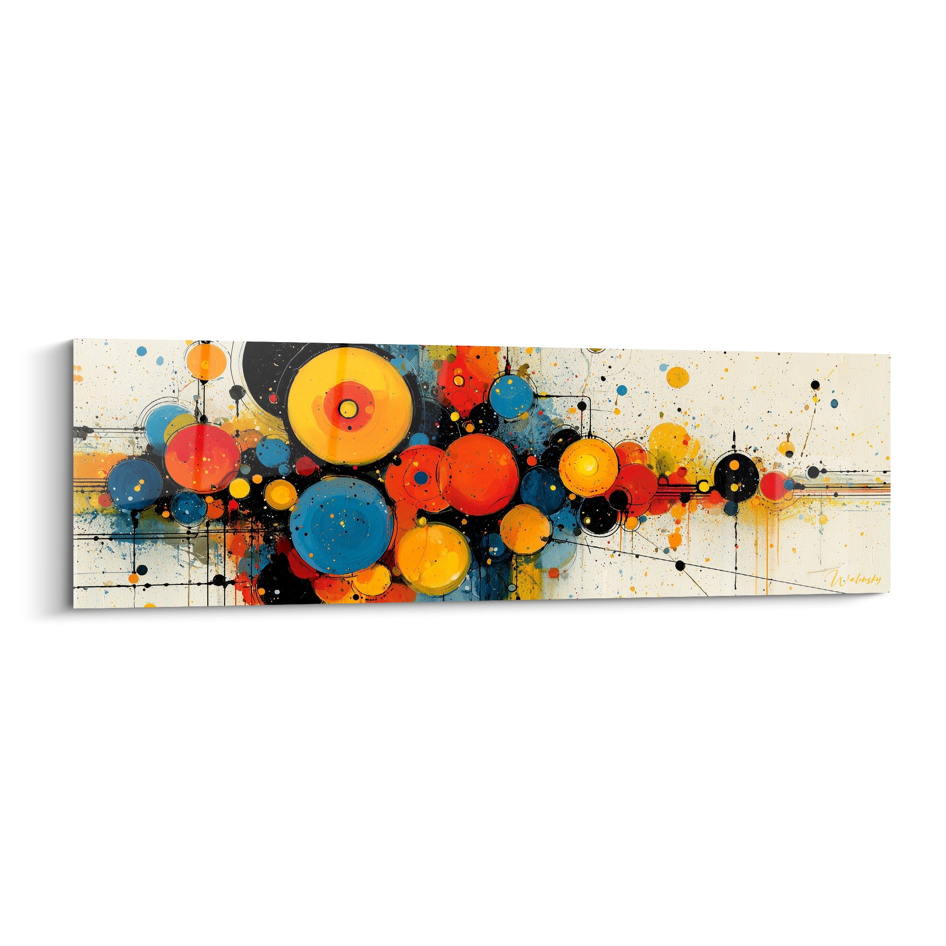 Cercles jaune doré, bleu marine et orangé éclaboussés d'encre noire sur fond crème abstrait