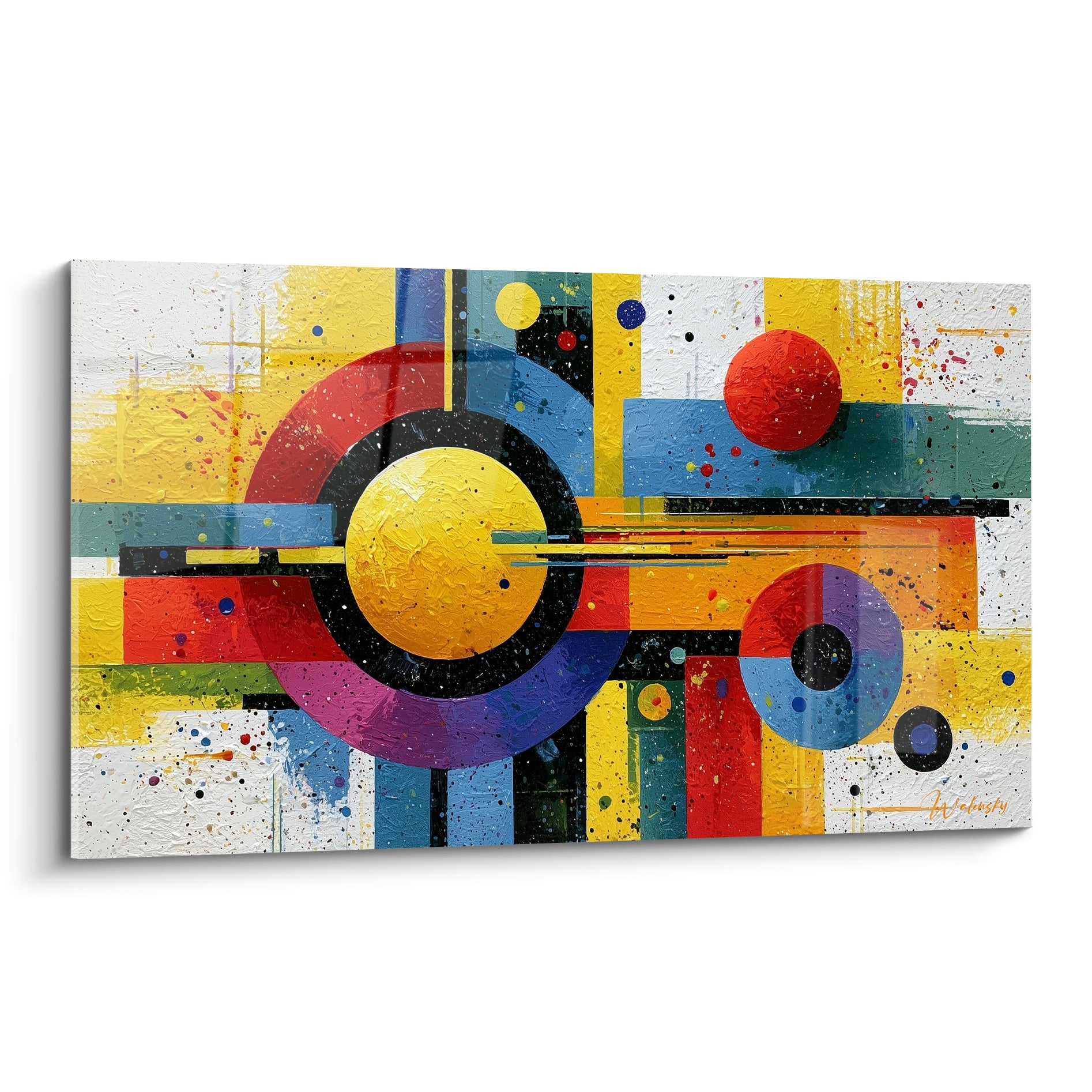 Cercles jaune, rouge et bleu marine en composition géometrique abstrait sur fond éclaboussé