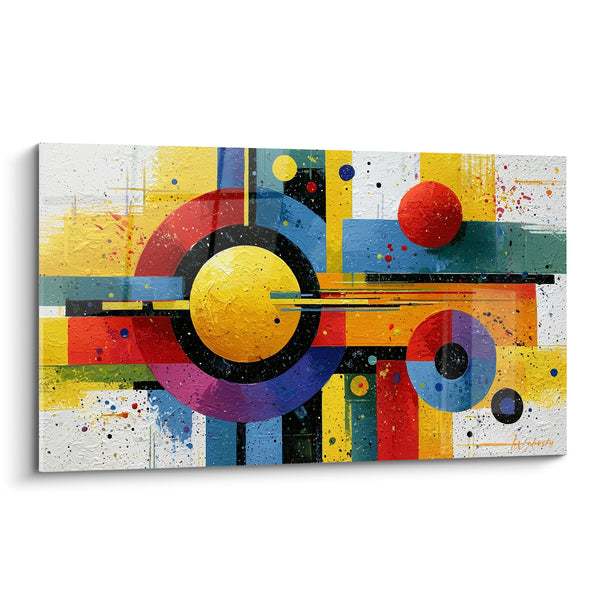 Tableau Cercles jaune et bleu aux éclaboussures multicolores - Rouage céleste - Edition géometrique abstrait