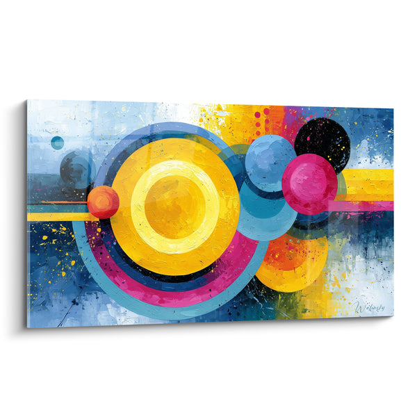 Tableau Cercles concentriques jaune et bleu - Collision cosmique - Edition géometrique abstrait
