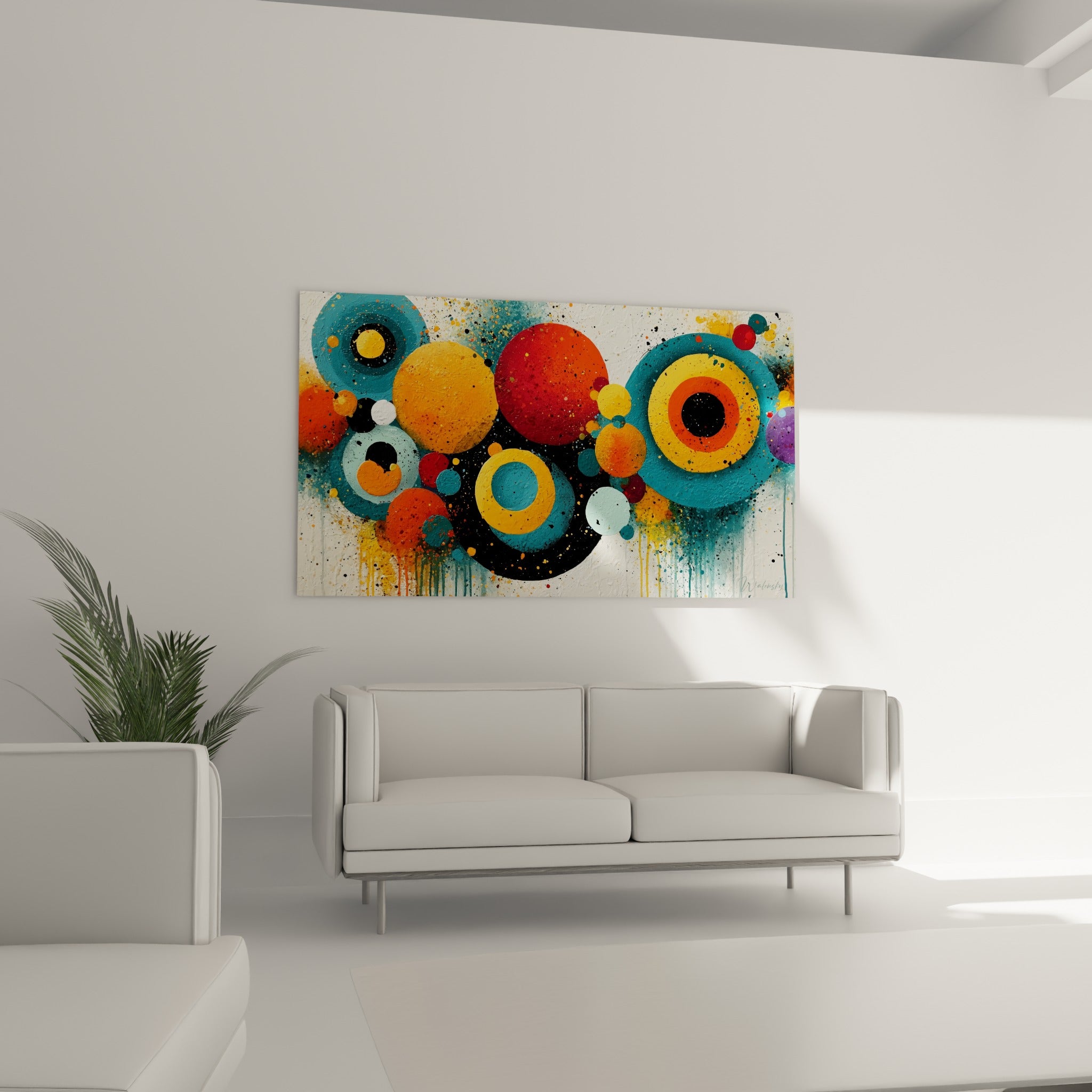 Cercles orange, jaune moutarde et bleu sarcelle éclaboussés de noir au-dessus d'un canapé dans un salon lumineux