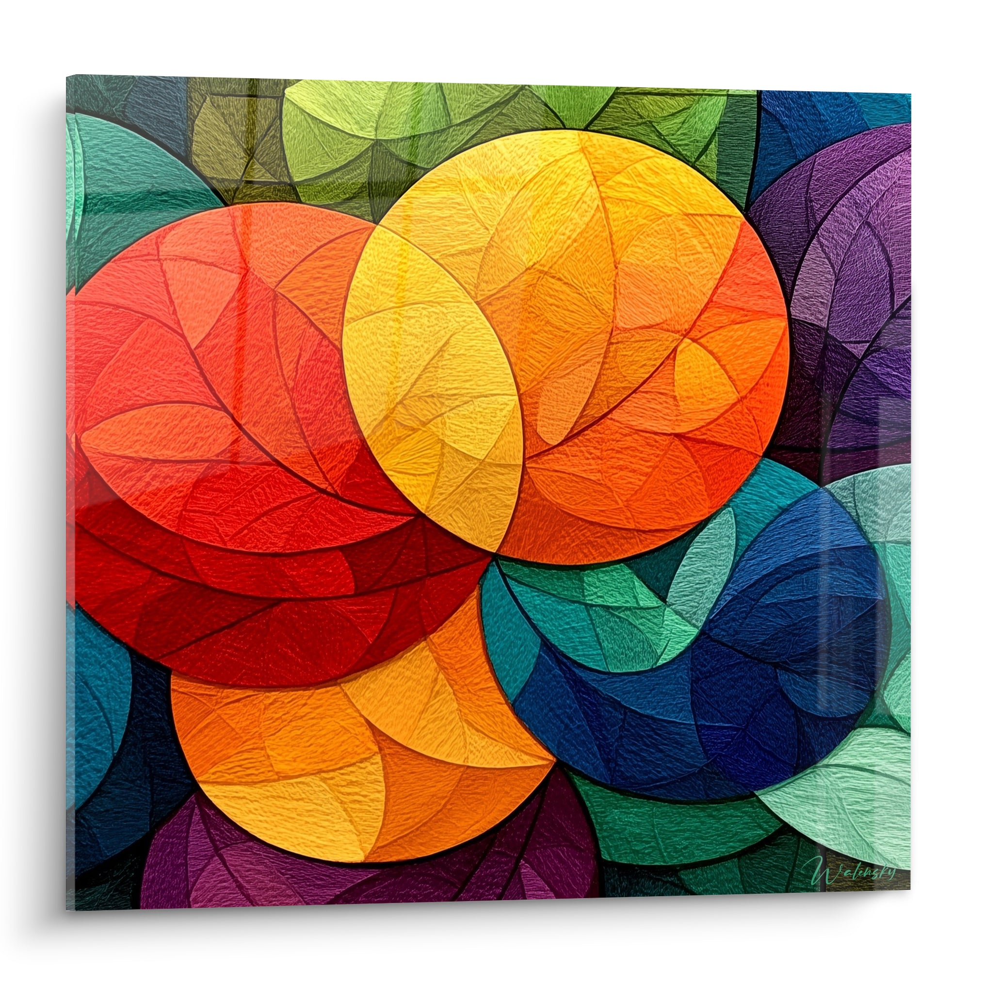 Cercles géometrique abstrait jaune, rouge et bleu marine entrelacés en pleine toile texturée
