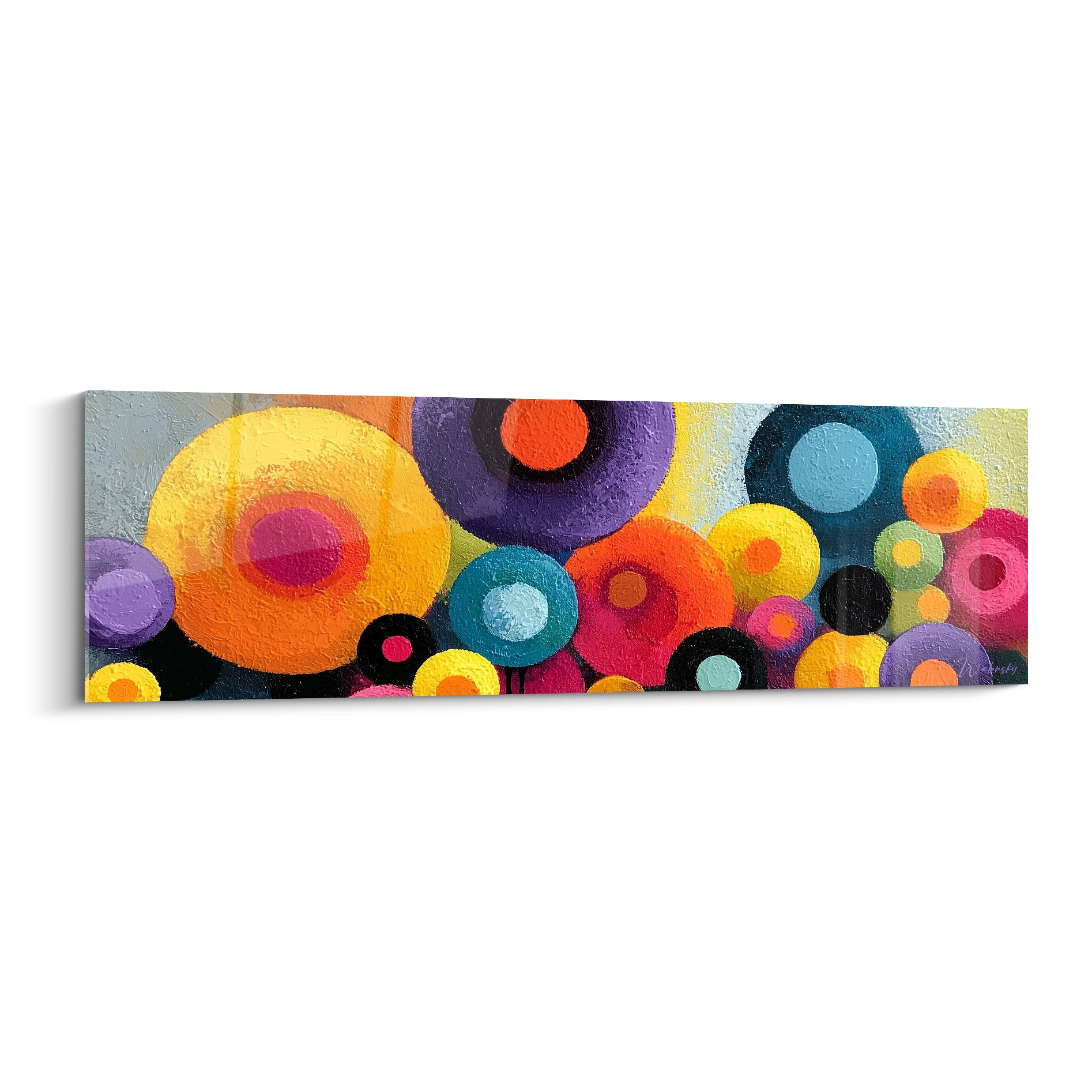 Cercles jaune, violet et turquoise superposés, motifs concentriques peints en pleine toile texturée