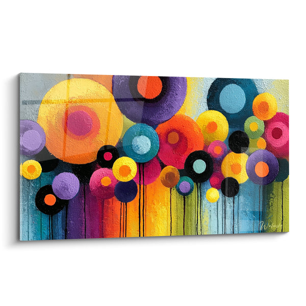 Dipinto Cerchi giallo e viola con colature nere - Cerchio festoso - Edizione geometrico astratto
