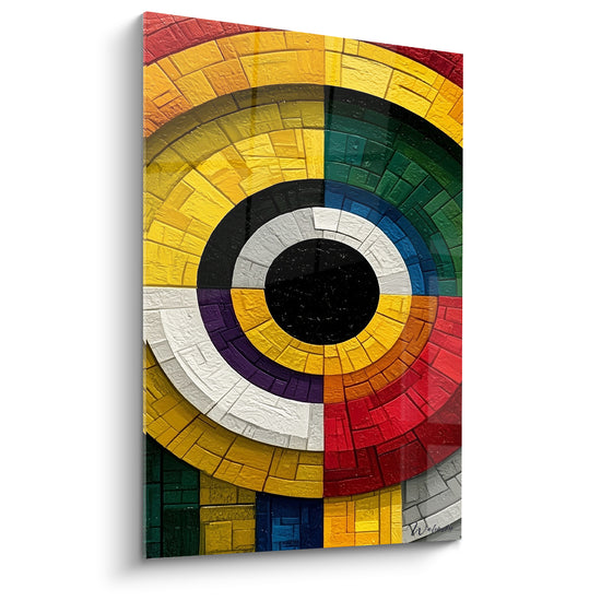 Tableau Cercles concentriques jaunes et rouges mosaïqués - Hypnose chromatique - Edition géometrique abstrait