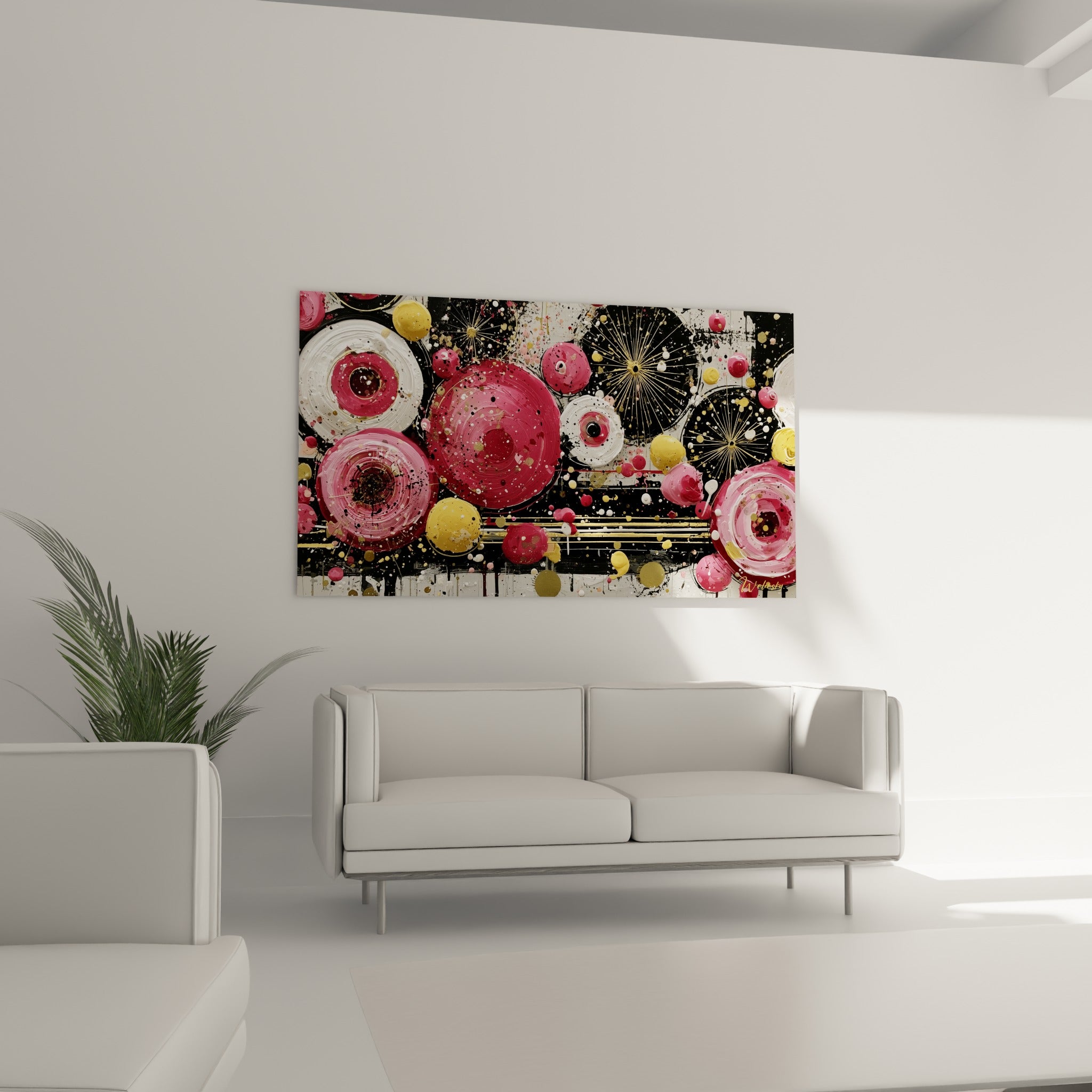 Composition circulaire rose et noire de ce tableau géométrique abstrait au-dessus d'un canapé dans un salon lumineux