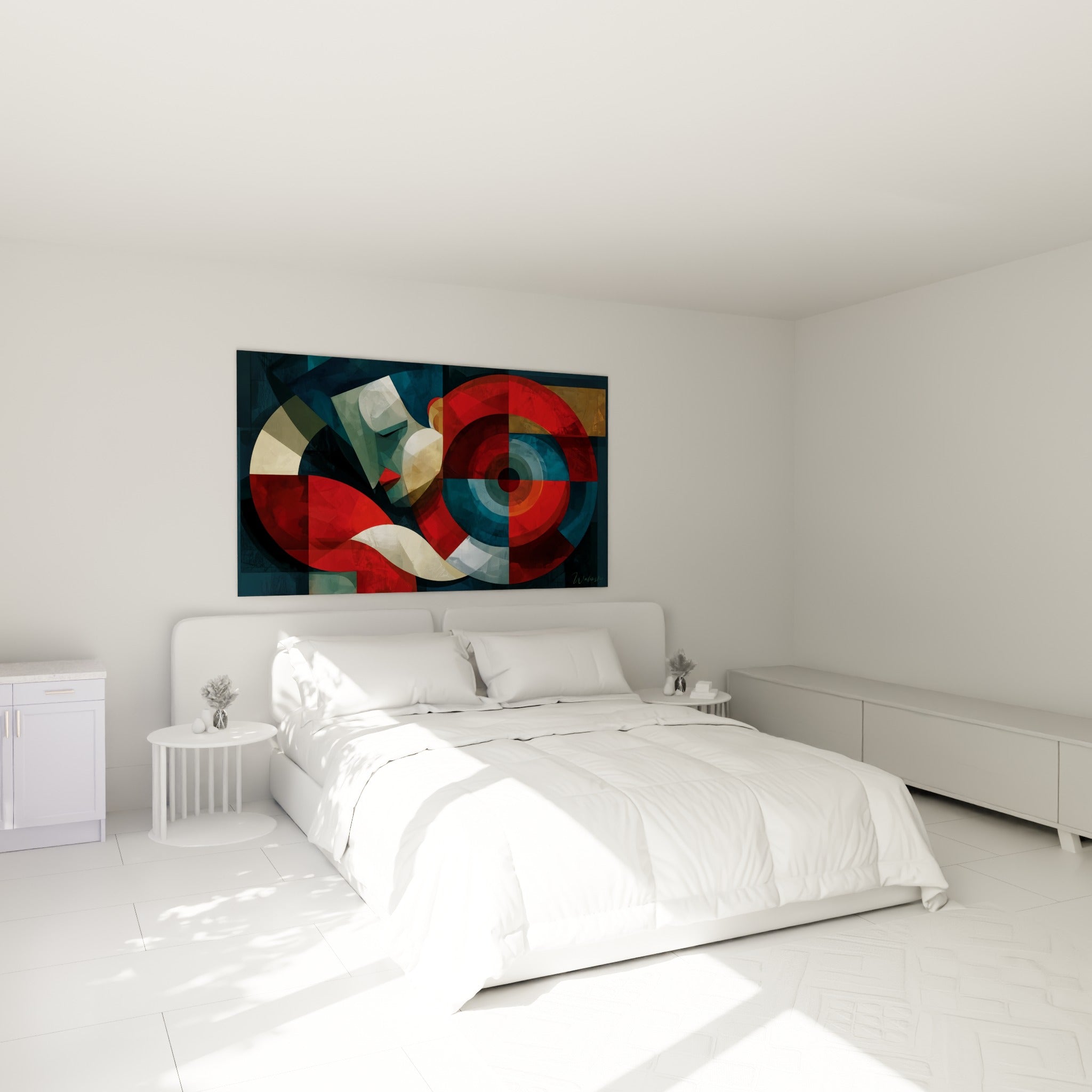 Composition géométrique abstraite rouge et ocre doré au-dessus d'un lit dans une chambre claire