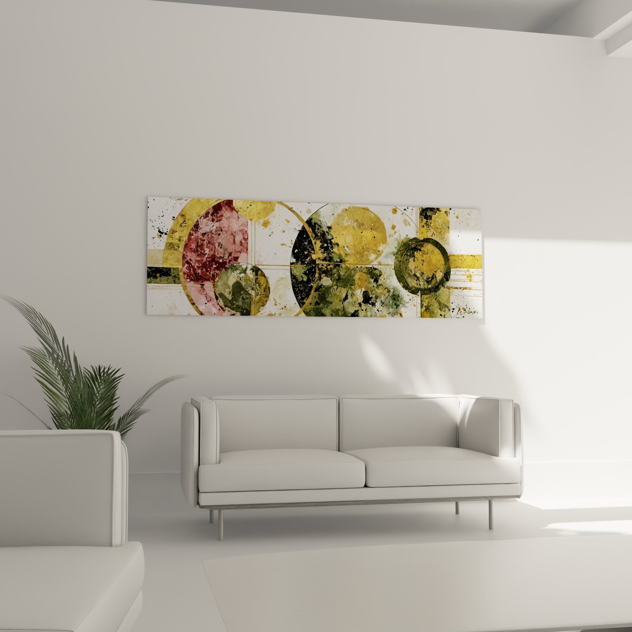 Formes circulaires dorées et roses au-dessus d'un canapé dans un salon lumineux