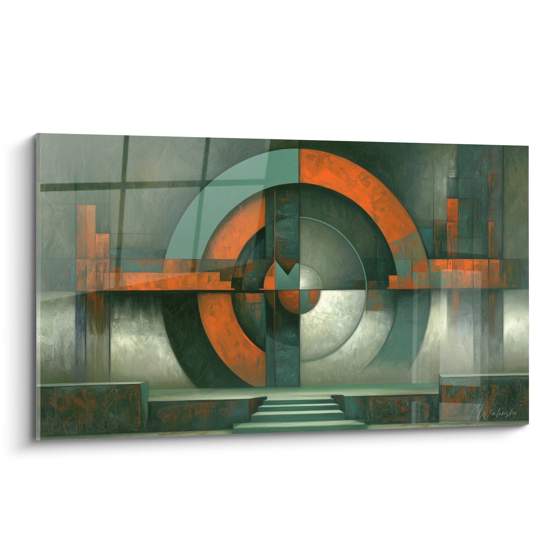 Cercles concentriques orange rouille et vert anthracite formant un portail architectural abstrait