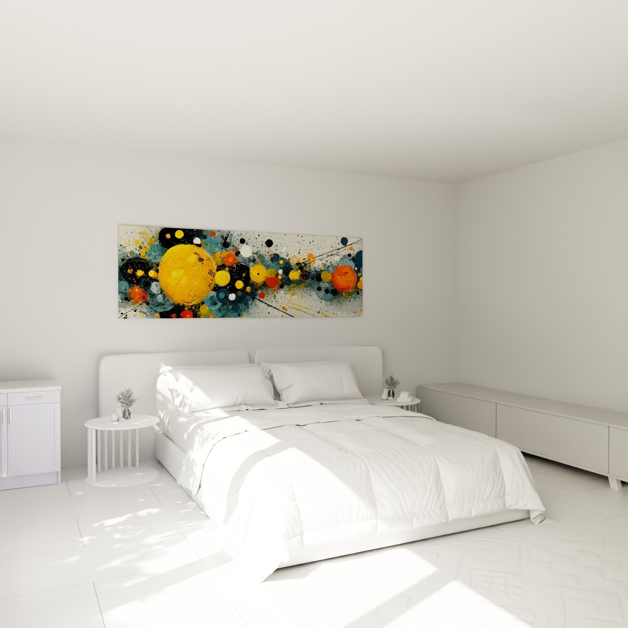 Cercles orangés et bleu pétrole du tableau géométrique abstrait, au-dessus d'un lit dans une chambre claire
