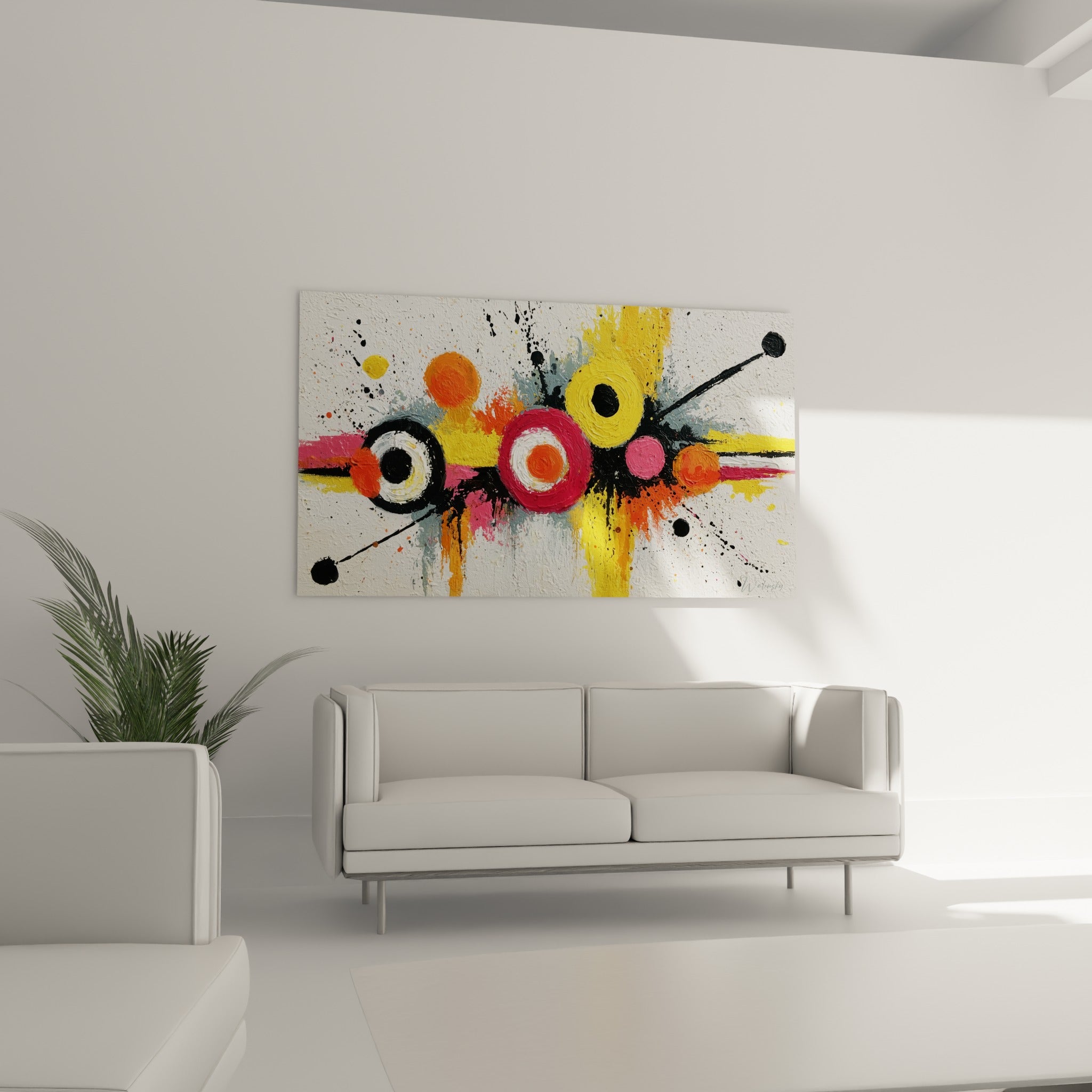 Cercles concentriques orange et rose de ce tableau géométrique abstrait au-dessus d'un canapé dans un salon lumineux