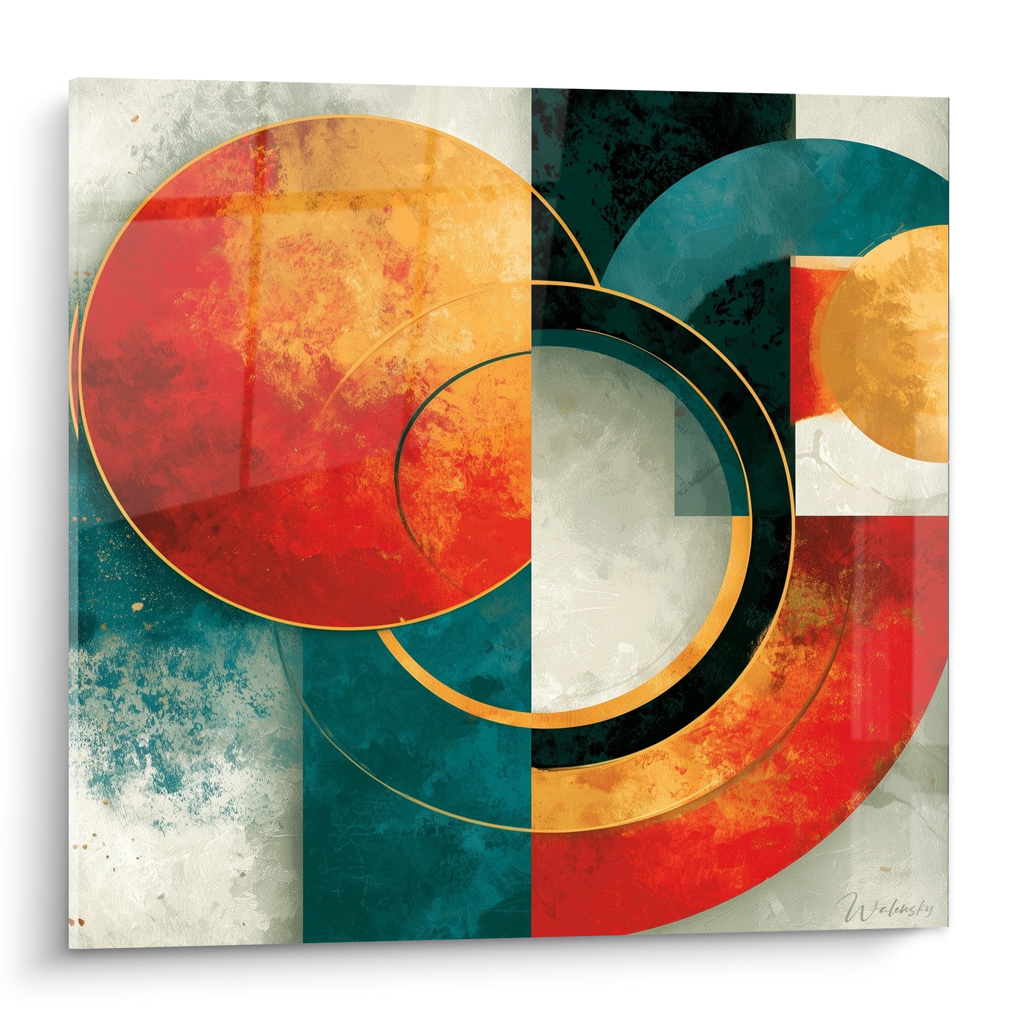 Cercles entrelacés orangés, rouges et bleu sarcelle sur ce tableau géométrique abstrait à liserés dorés