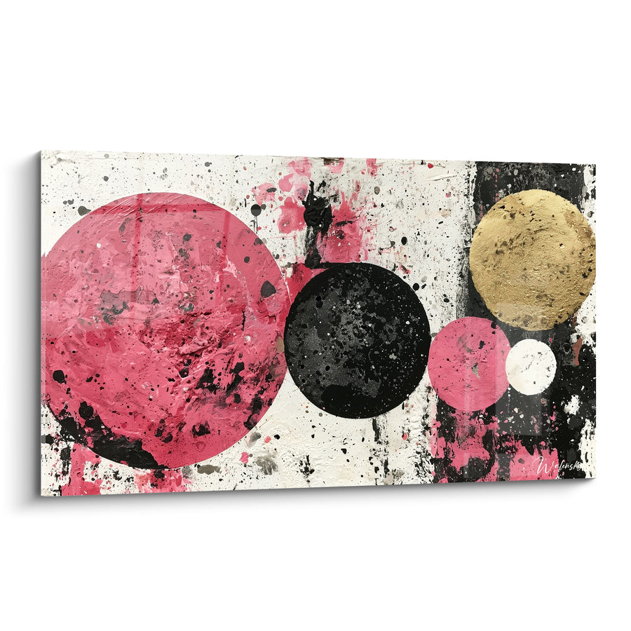 Tableau Cercles roses et noirs éclaboussés - Collision céleste - Edition géometrique abstrait