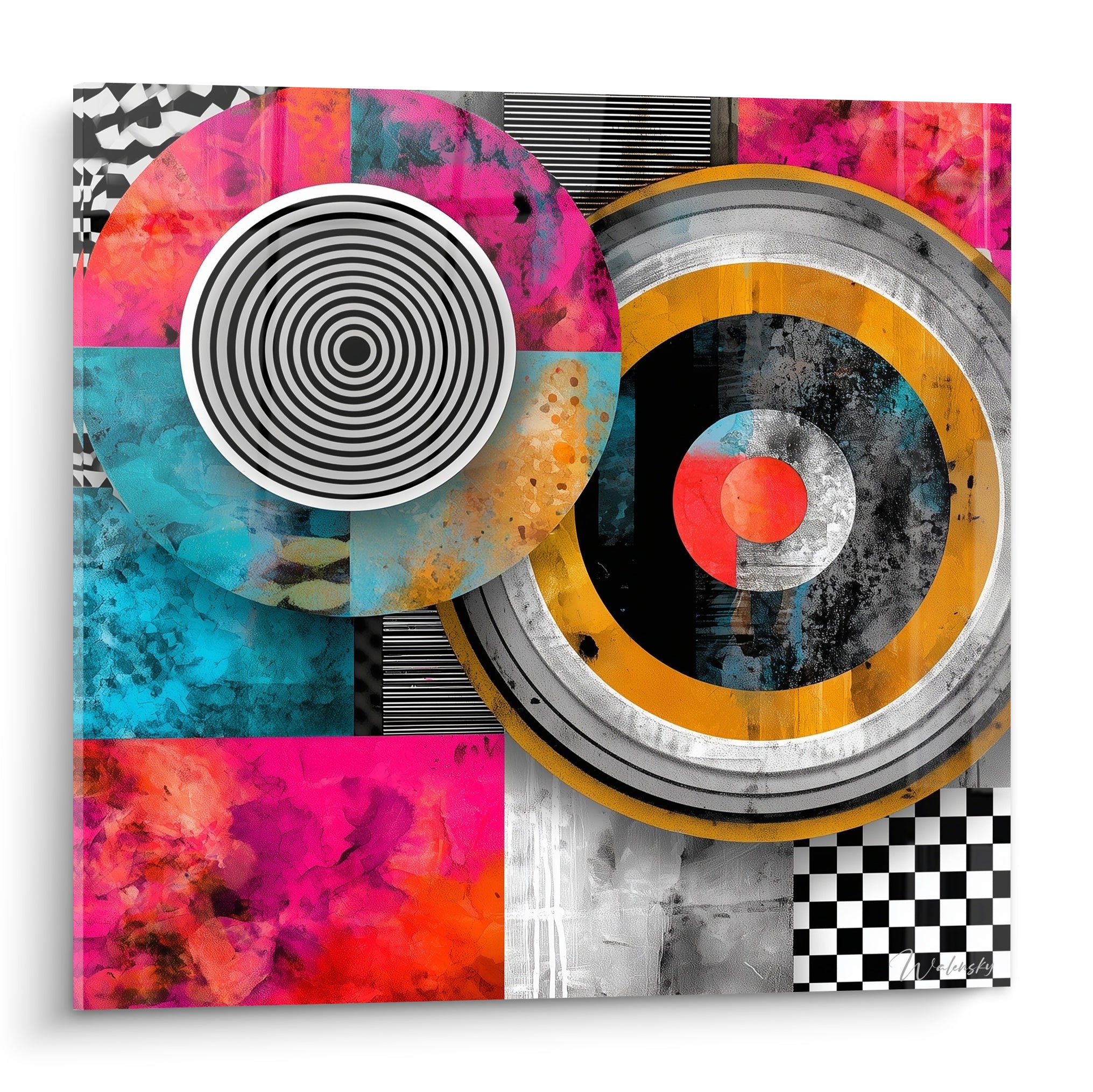 Cercles concentriques géométrique abstrait en rose fuchsia, turquoise et doré sur fond graphique