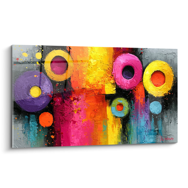 Tableau Cercles colorés aux coulures noires - Éveil des sens - Edition géometrique abstrait