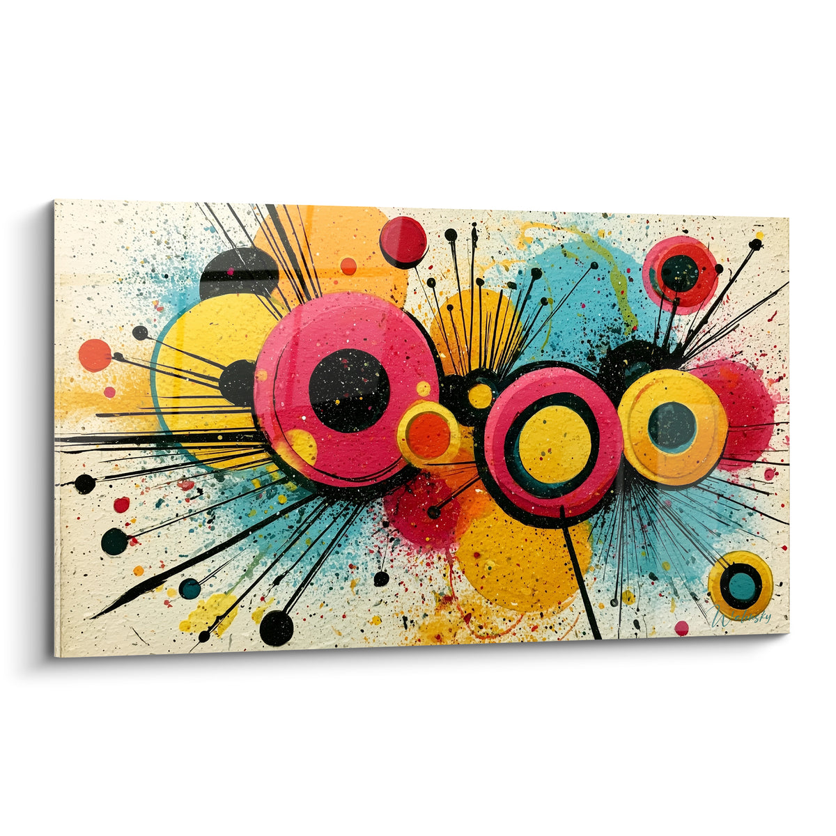 Cercles roses jaunes et bleu ciel en éclatement noir sur fond crème moucheté, tableau géométrique abstrait