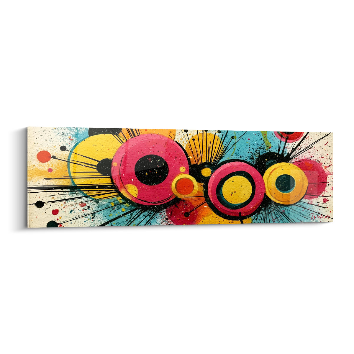Cercles roses, jaunes et turquoise éclaboussés de noir, tableau géometrique abstrait au style pop art