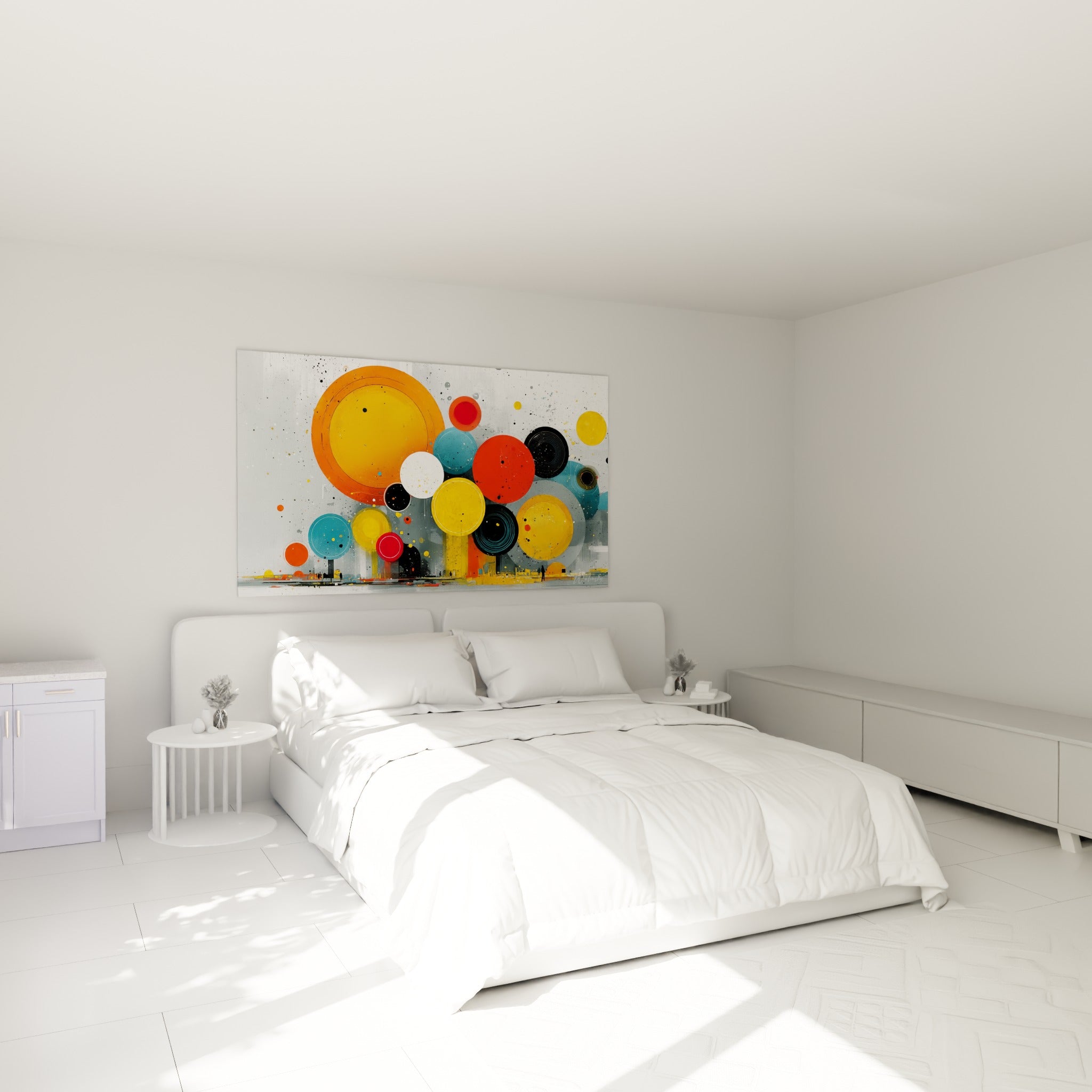 Cercles orange, jaune et rouge éclatants surplombent un lit dans une chambre claire et lumineuse
