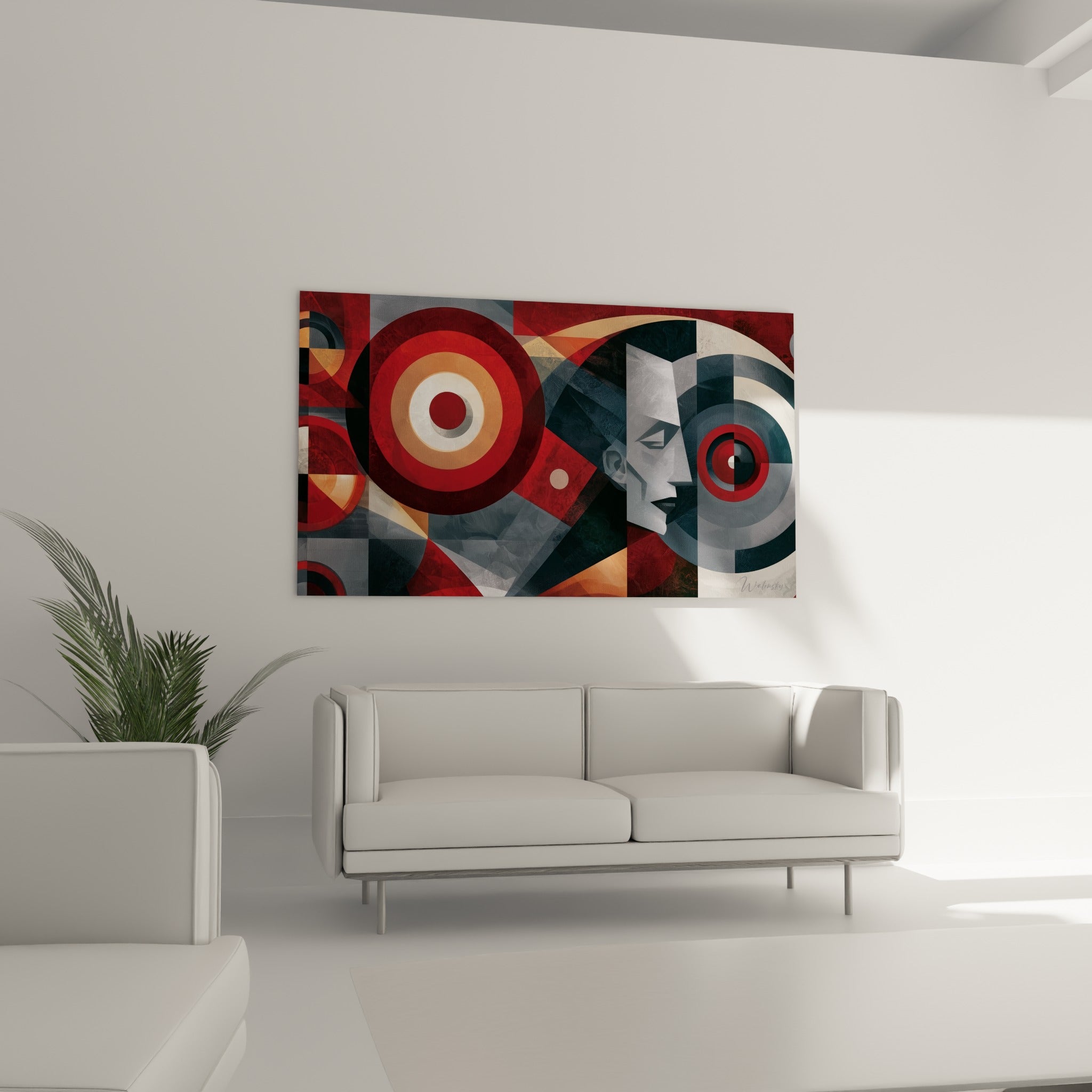 Cercles concentriques rouge et anthracite structurant ce géometrique abstrait, au-dessus d'un canapé dans un salon lumineux