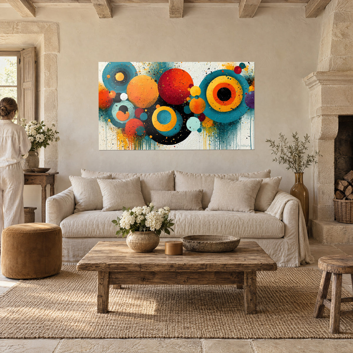 Schilderij met concentrische cirkels in petrolblauw en oranje, zwarte spatten, een vrouw van achteren, boven een bank in een lichte woonkamer