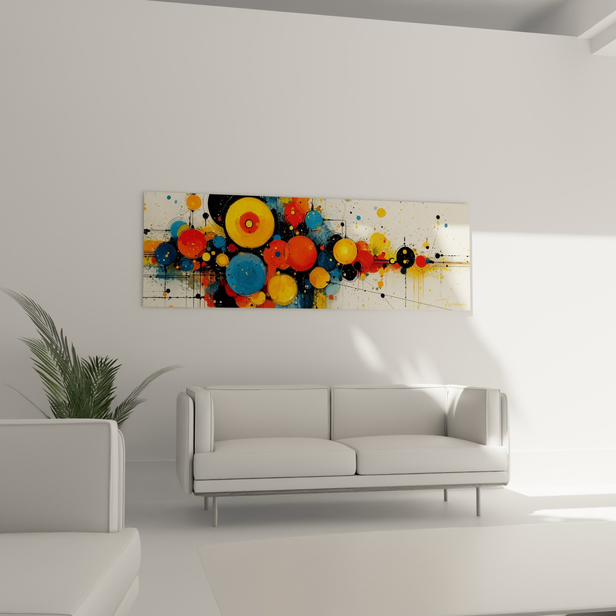 Constellation de cercles rouges et dorés formant un tableau géométrique abstrait au-dessus d'un canapé dans un salon lumineux