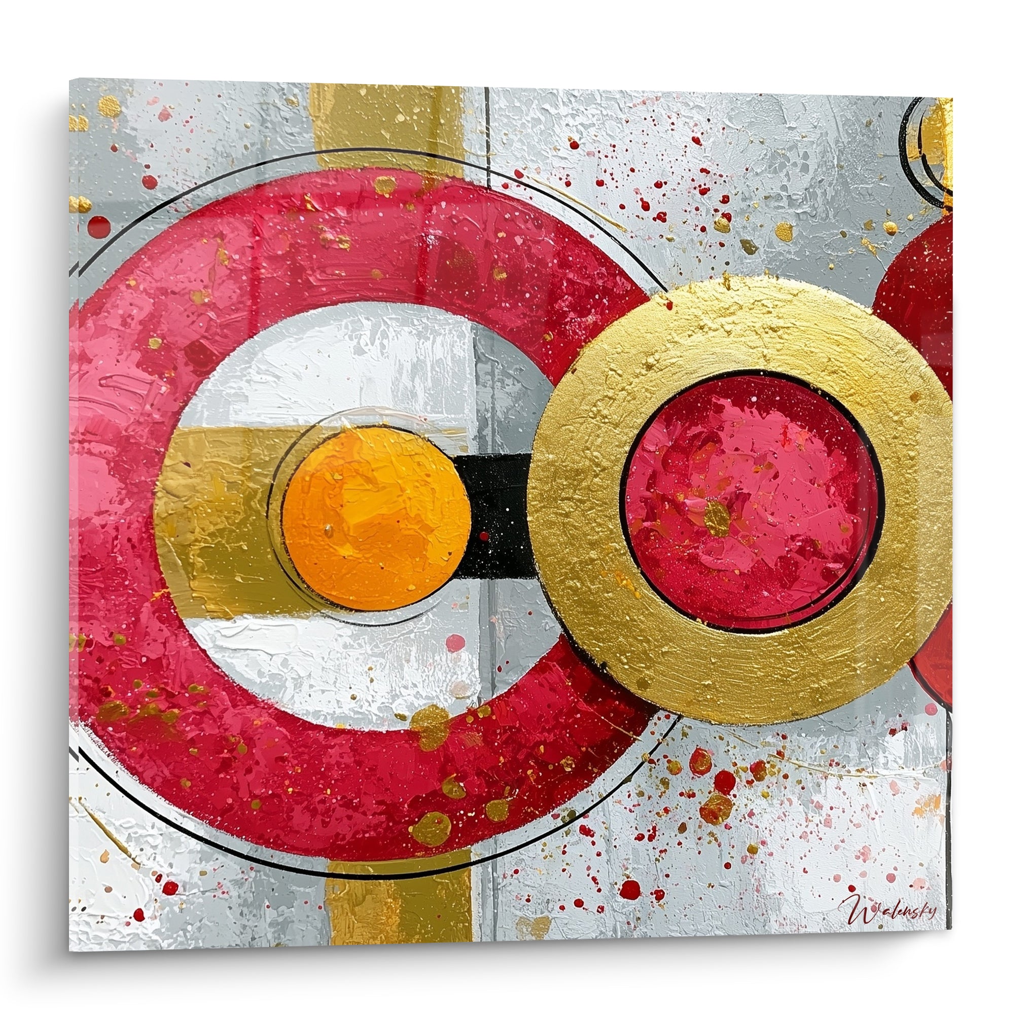 Cercles rouges, dorés et orange en composition géométrique abstrait sur fond gris texturé