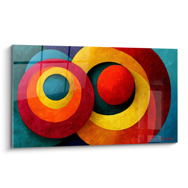 Tableau Cercles concentriques rouge et sarcelle - Danse des sphères - Edition géometrique abstrait
