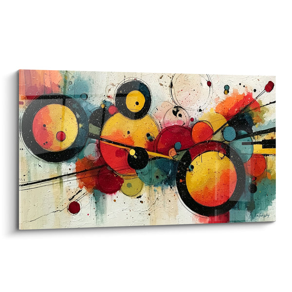 Tableau Cercles rouges et jaunes entrelacés - Collision d'orbites - Edition géometrique abstrait