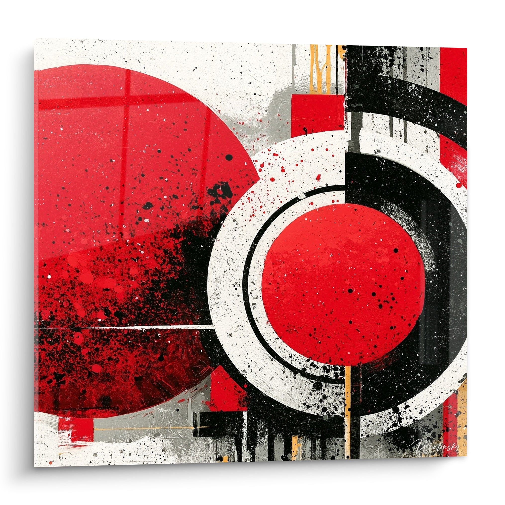 Cercles rouge intense et noir anthracite éclaboussés, composition géométrique abstraite pleine cadre