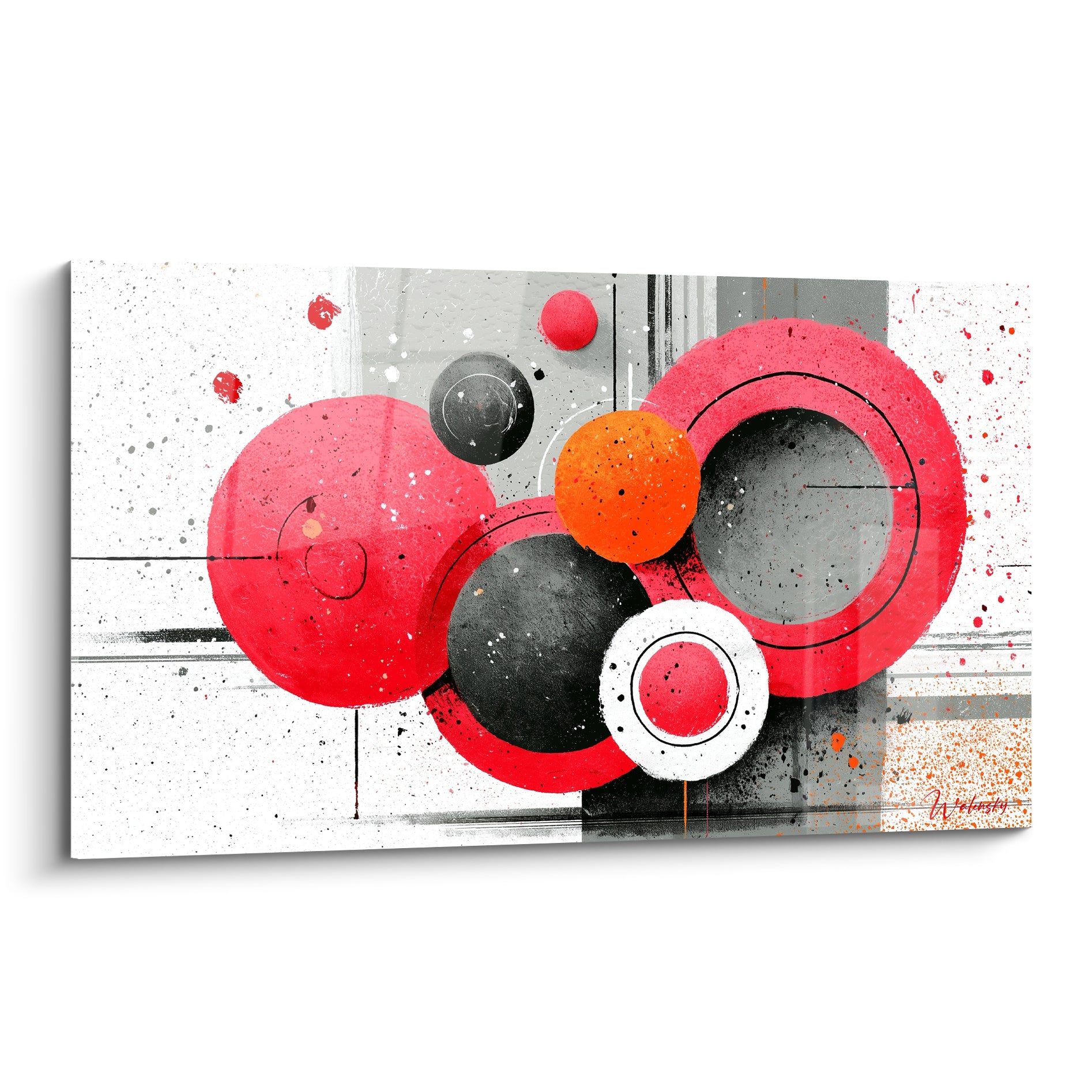 Cercles rouges, noirs et orange enchevêtrés dans ce tableau géometrique abstrait éclaboussé de peinture