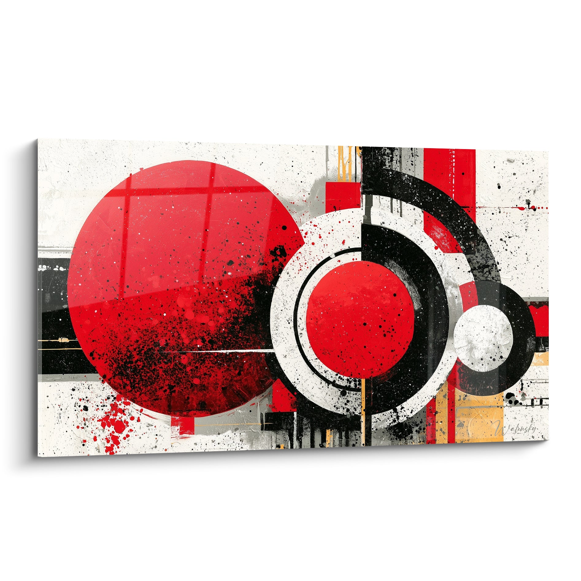 Tableau géometrique abstrait aux cercles rouges et noirs éclaboussés sur fond blanc texturé