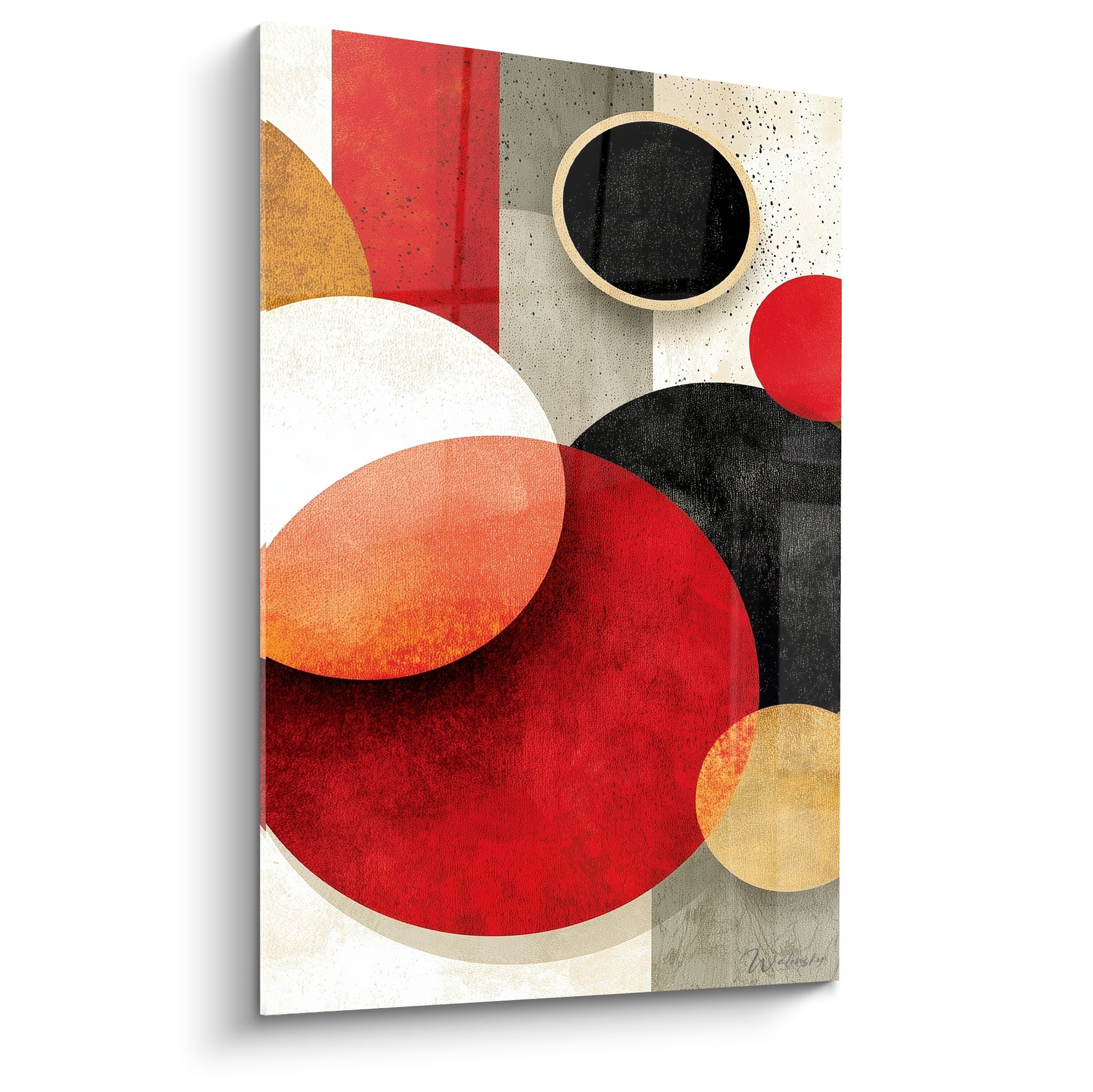 Cercles géométriques abstraits rouge, noir et doré sur fond crème texturé