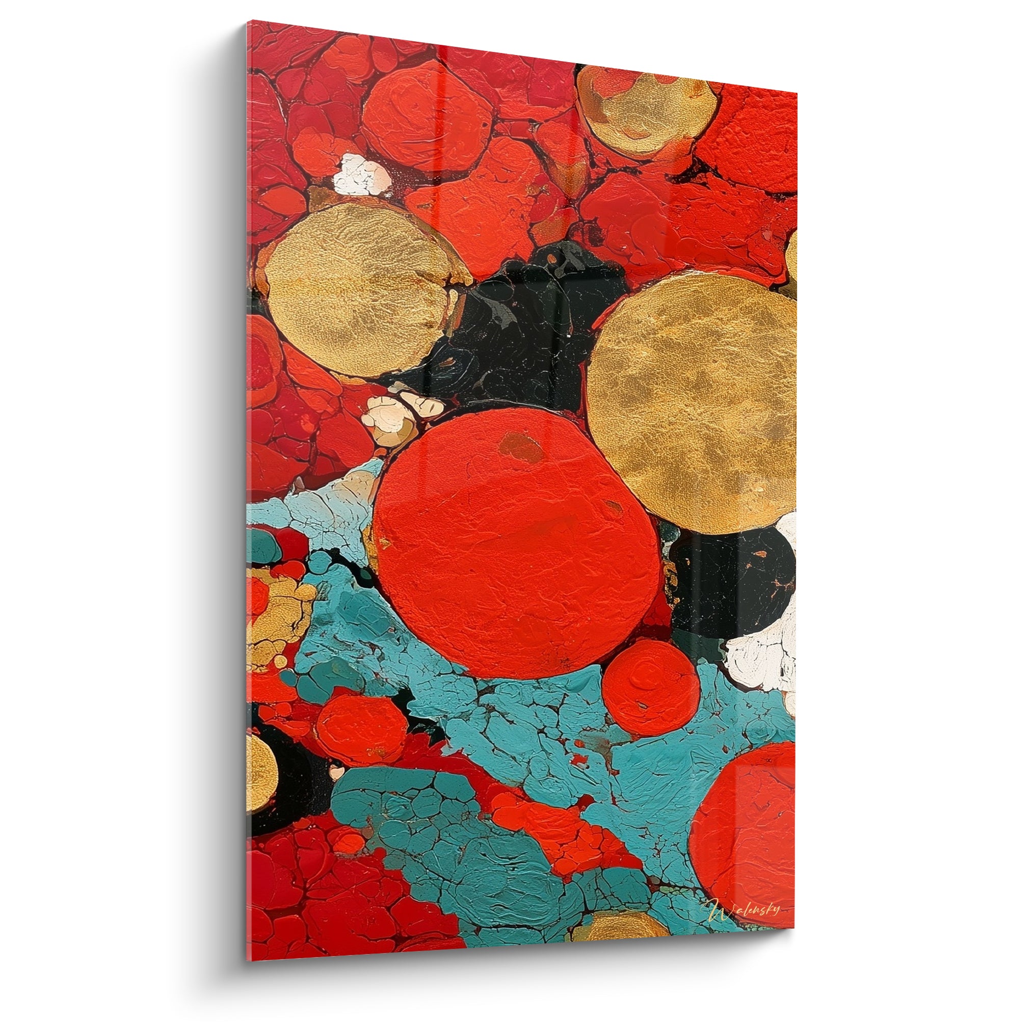 Cercles rouge vermillon et or texturé composent ce tableau géometrique abstrait aux formes cellulaires vibrantes