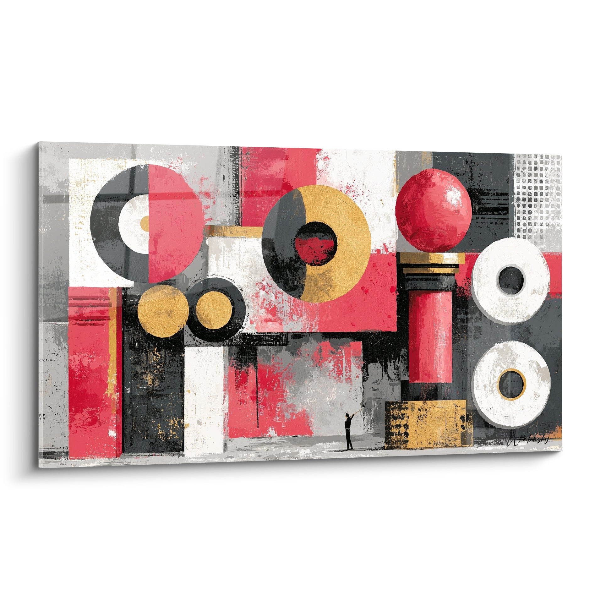 Cercles rouge et doré monumentaux, silhouette minuscule, tableau géométrique abstrait sur fond anthracite