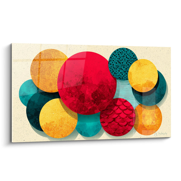Tableau Cercles rouge et sarcelle texturés - Ronde festive - Edition géometrique abstrait