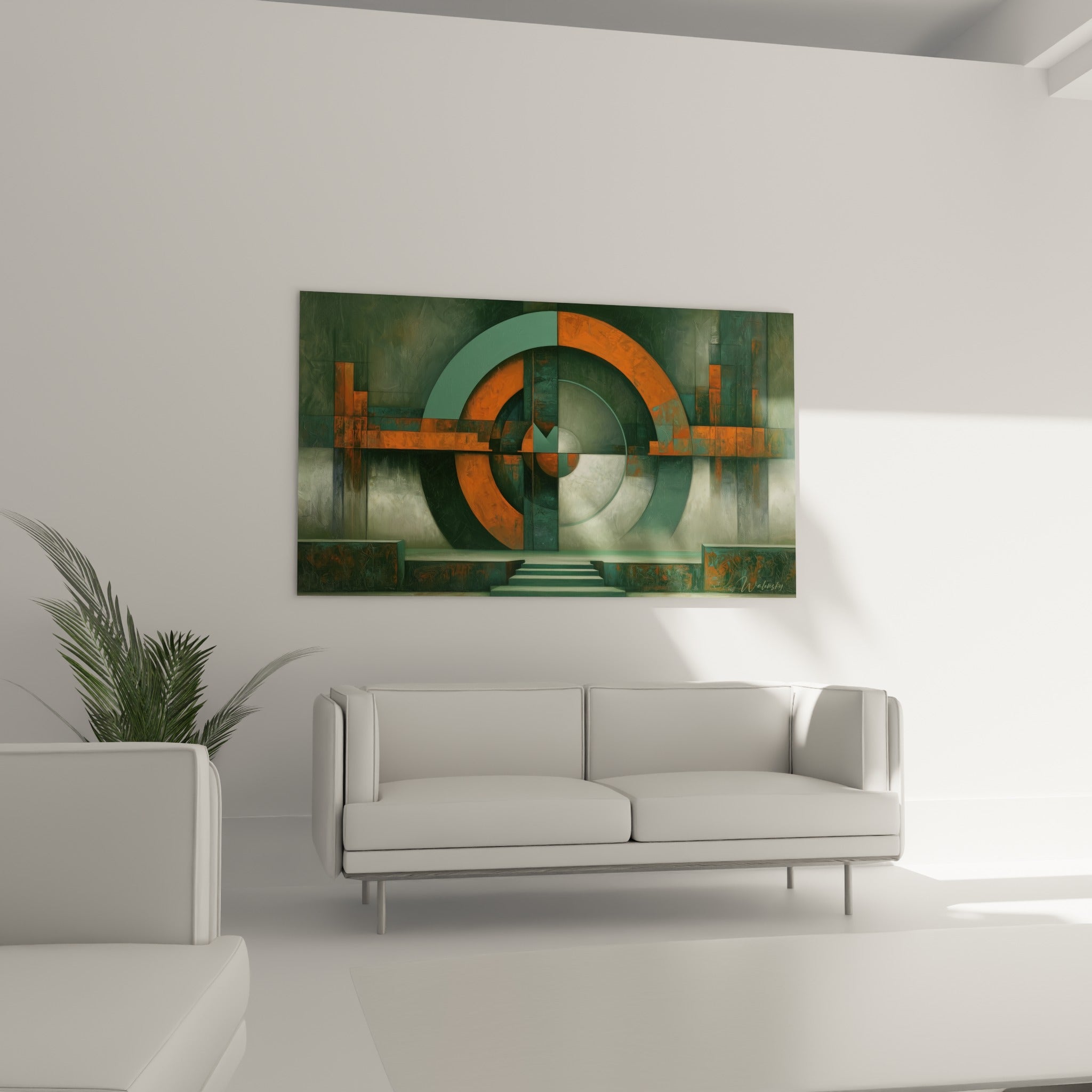 Composition orange rouille et anthracite d'un tableau géométrique abstrait, au-dessus d'un canapé dans un salon lumineux