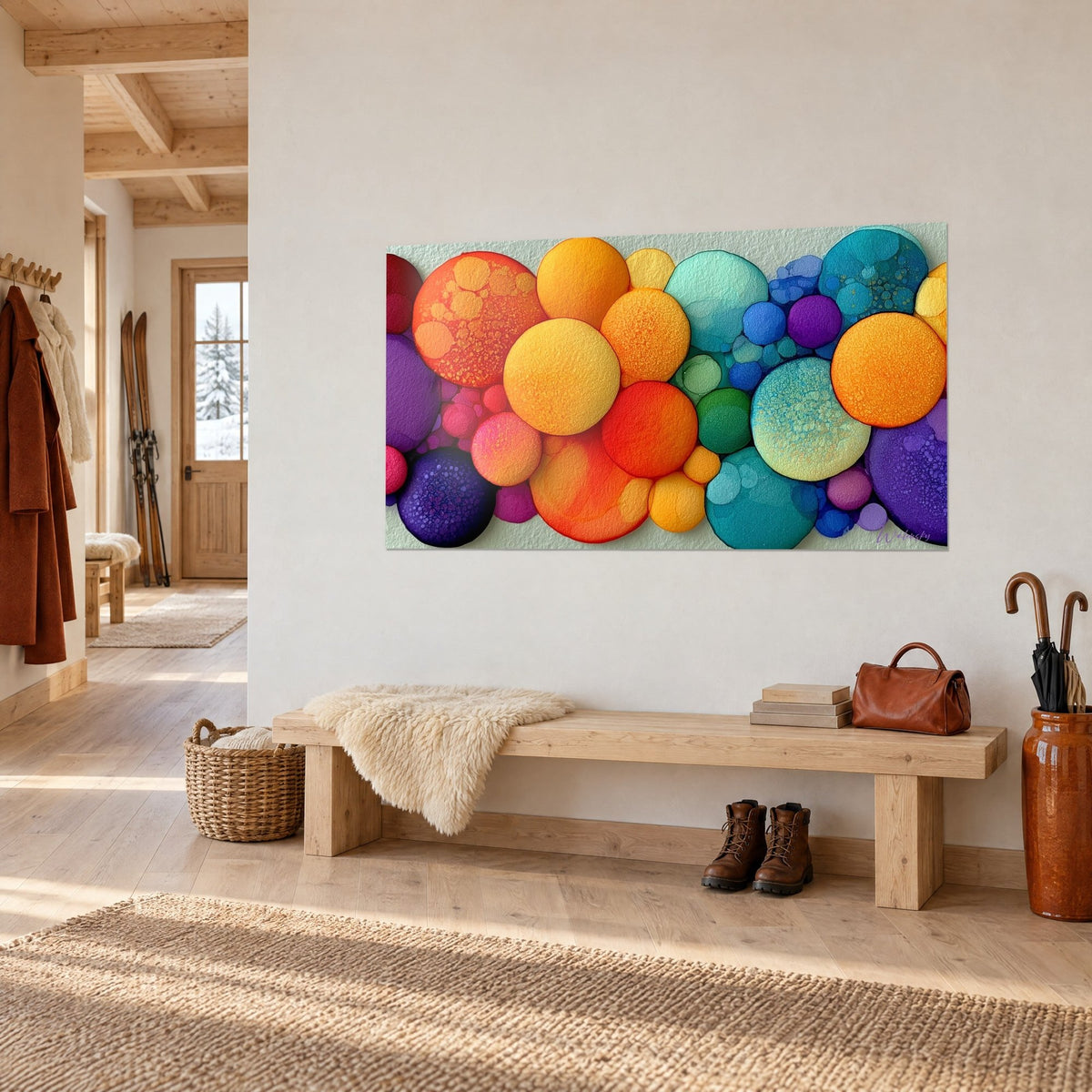Schilderij abstracte bellen in saffraangeel, smaragdgroen en roze, driekwartzicht op een witte entreemuur, chalet