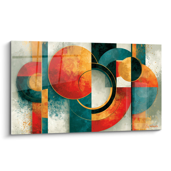 Tableau Cercles entrelacés rouge et sarcelle - Alignement céleste - Edition géometrique abstrait