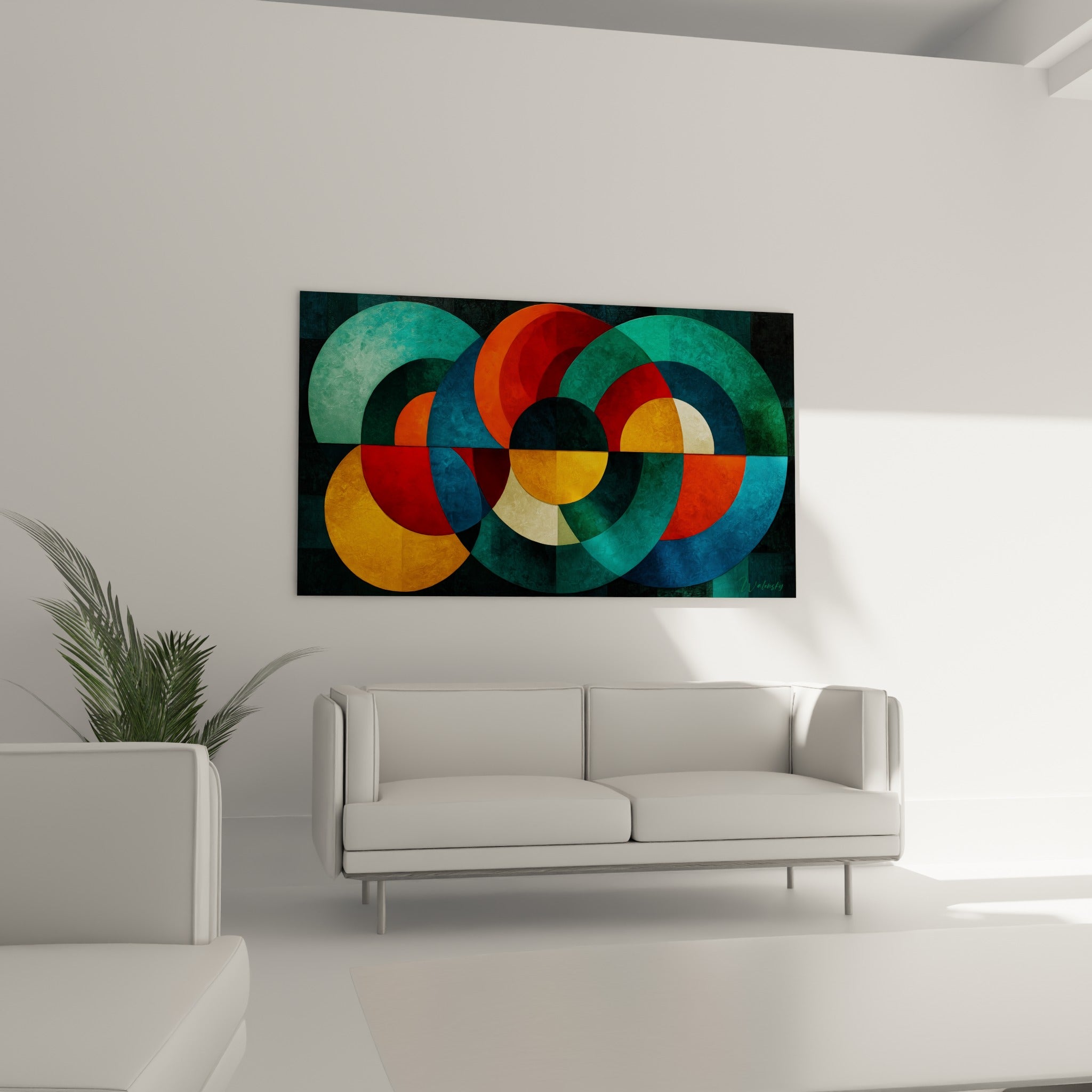 Cercles imbriqués terracotta et sarcelle du tableau géometrique abstrait, au-dessus d'un canapé dans un salon lumineux