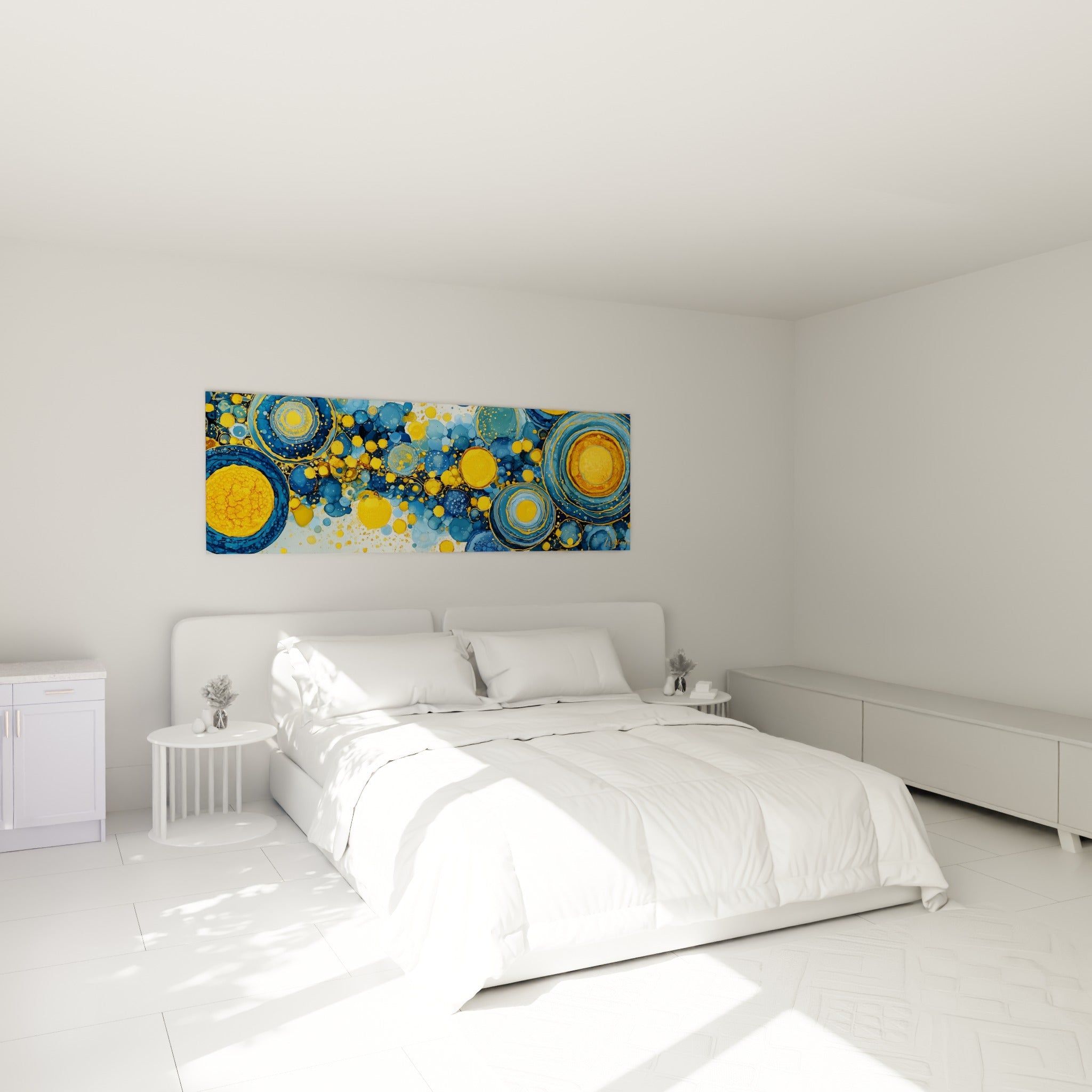 Sphères turquoise et jaune ocre de ce tableau géométrique abstrait au-dessus d'un lit dans une chambre claire