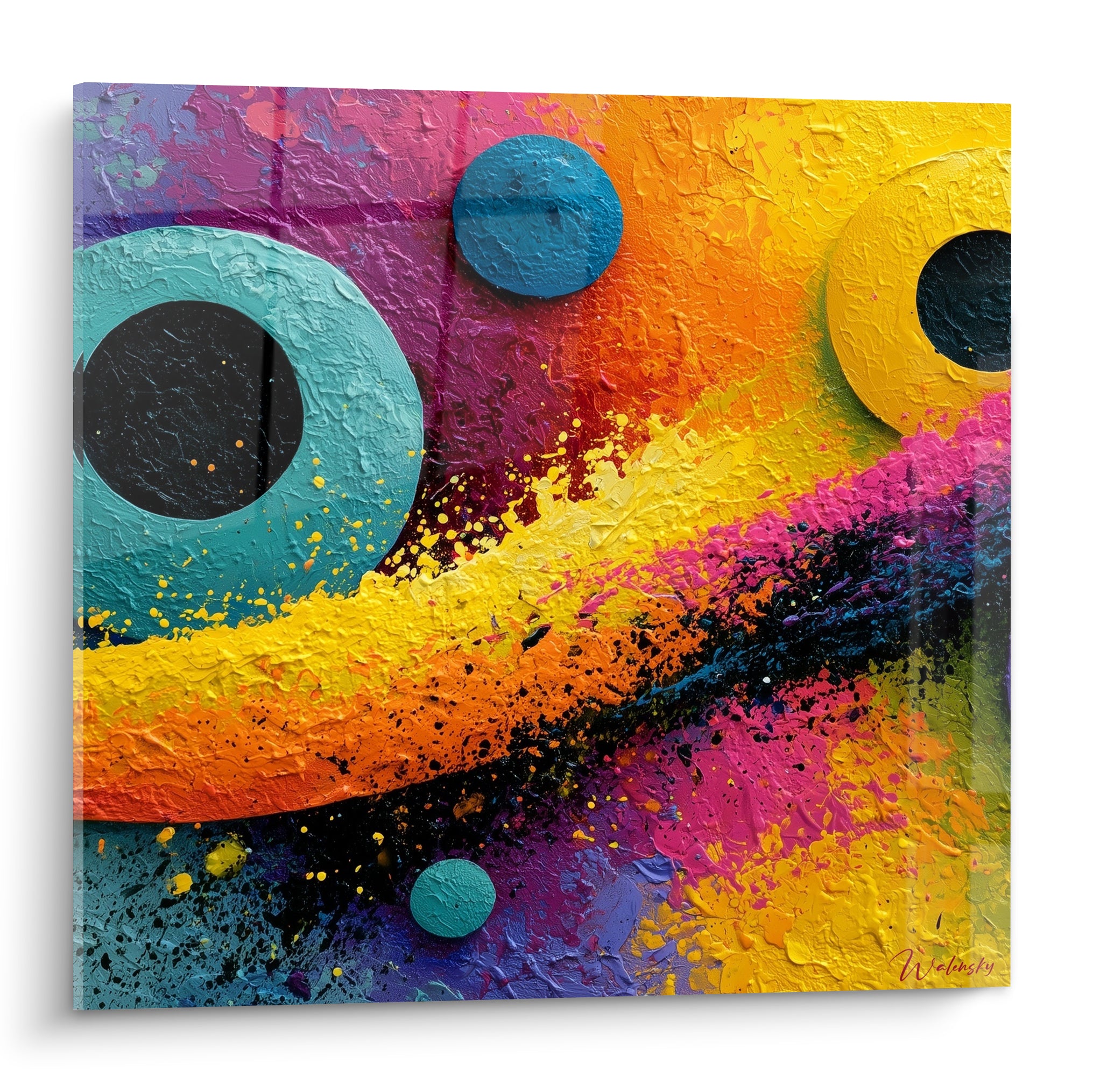Cercles turquoise et jaune éclaboussés de rose et noir sur ce tableau géométrique abstrait texturé