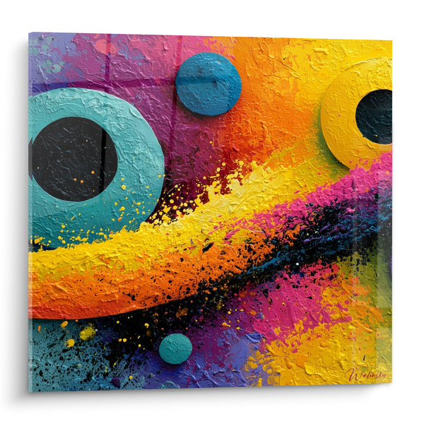 Tableau Cercles turquoise et jaune éclaboussés - Collision d'étoiles - Edition géometrique abstrait