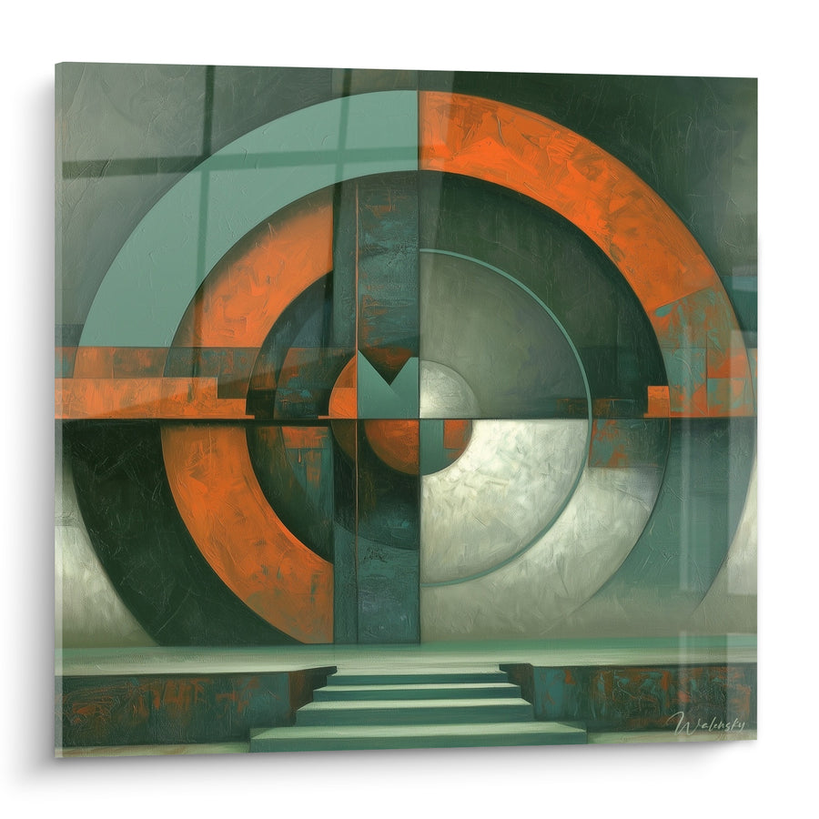 Tableau Cercles vert sauge et orange brûlé monumentaux - Passage vers l'infini - Edition géometrique abstrait
